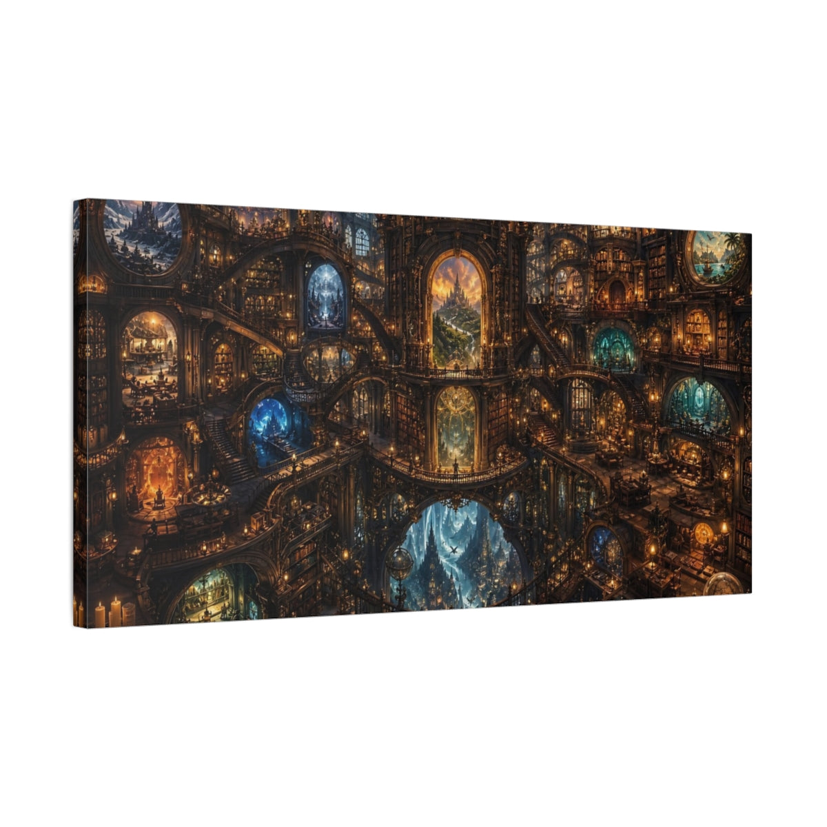 Side Mockup 1. Fairytale Fantasy Library Golden Fantasy Library shown as stretched canvas wall art
