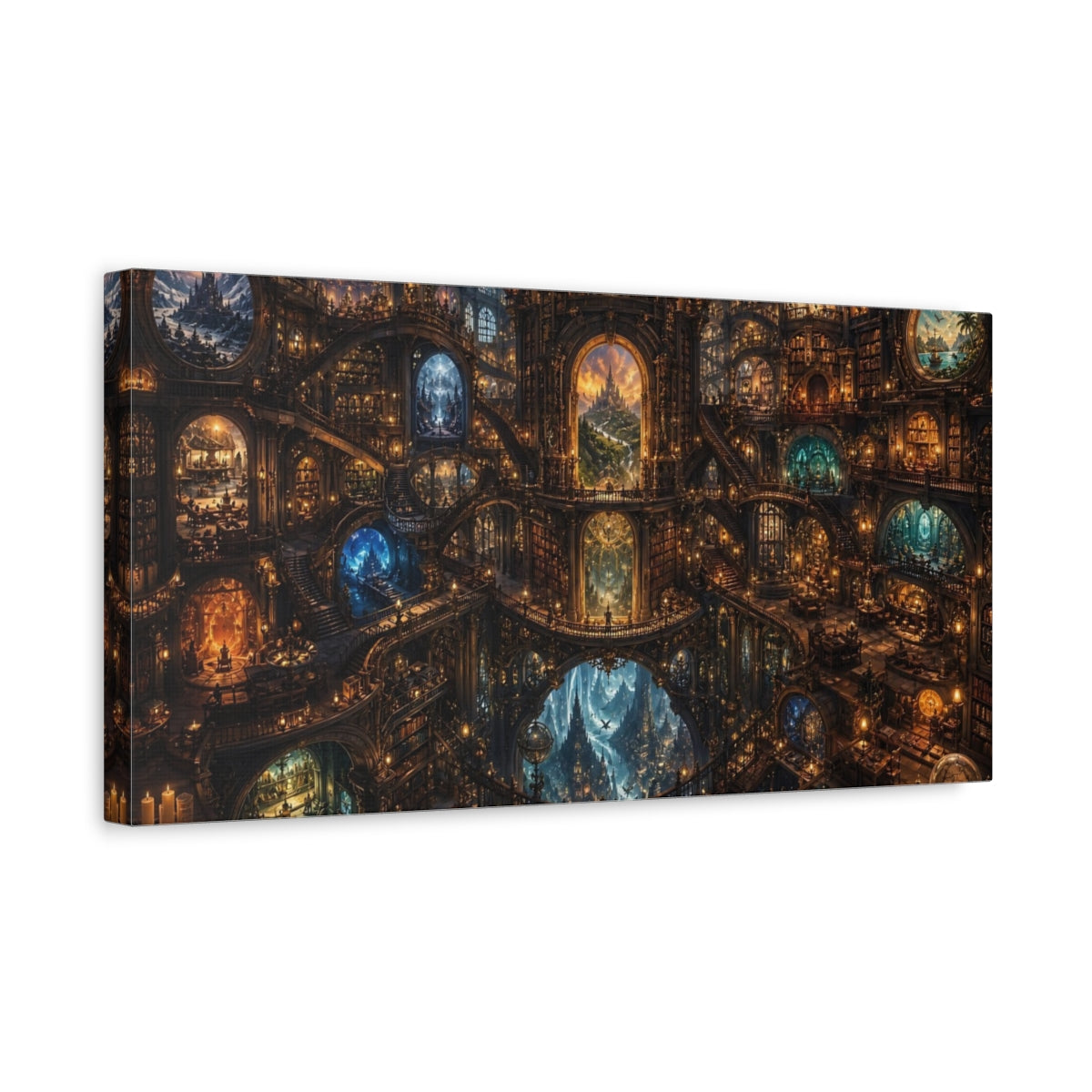 Side Mockup 3. Fairytale Fantasy Library Golden Fantasy Library shown as stretched canvas wall art