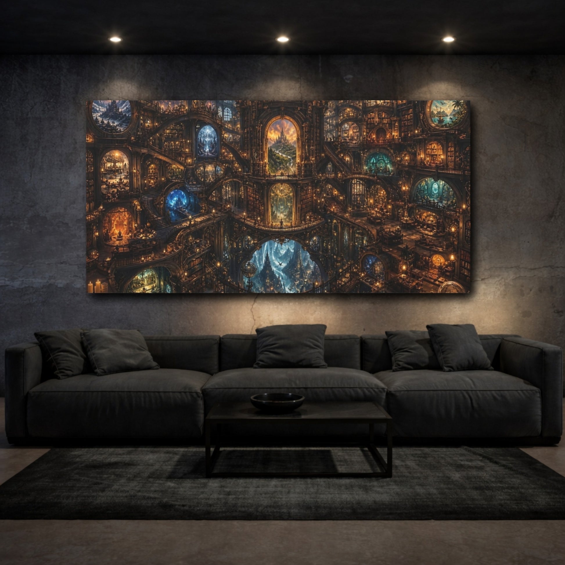 Mockup 2. Fairytale Fantasy Library Golden Fantasy Library shown as stretched canvas wall art
