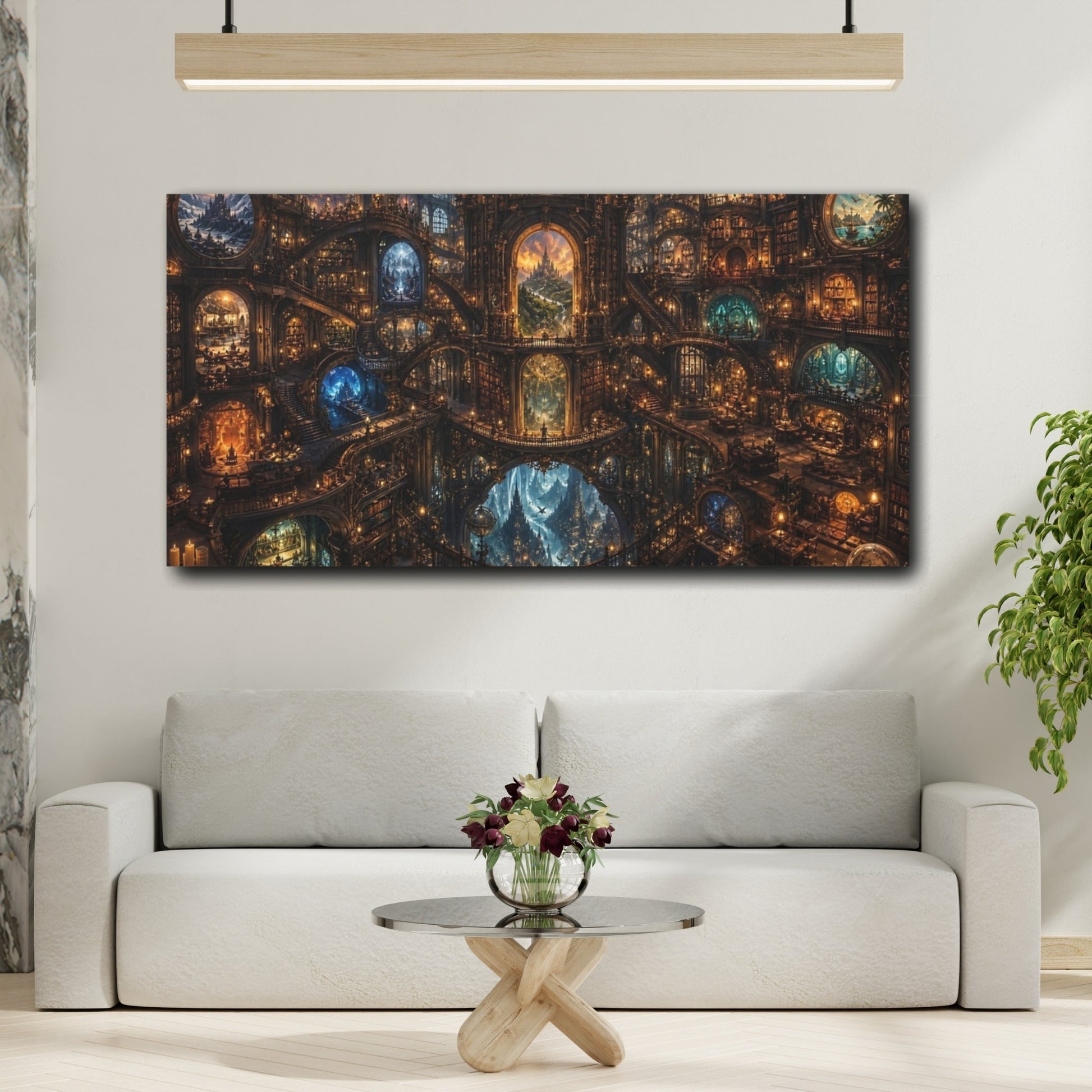 Mockup 3. Fairytale Fantasy Library Golden Fantasy Library shown as stretched canvas wall art