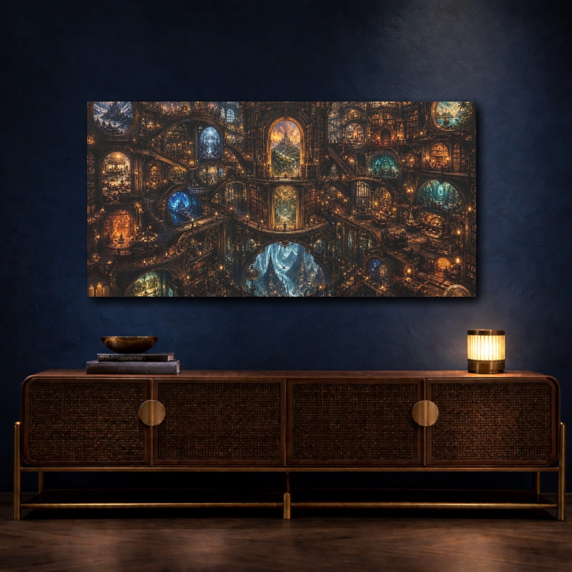 Mockup 4. Fairytale Fantasy Library Golden Fantasy Library shown as stretched canvas wall art