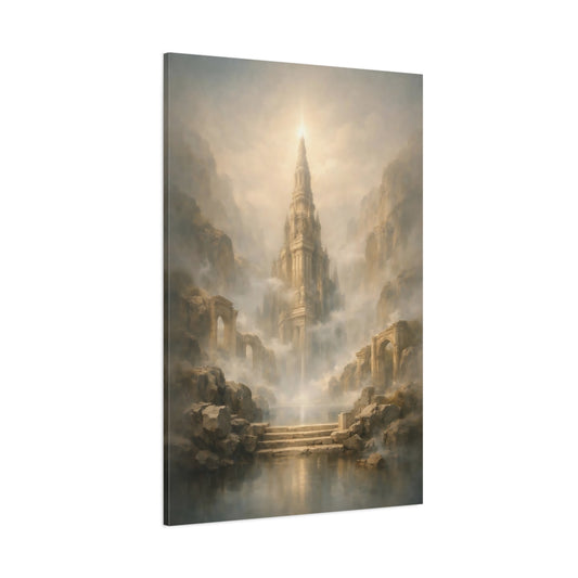 Main Mockup. Fairytale Fantasy Spire Misty Castle Gold shown as stretched canvas wall art