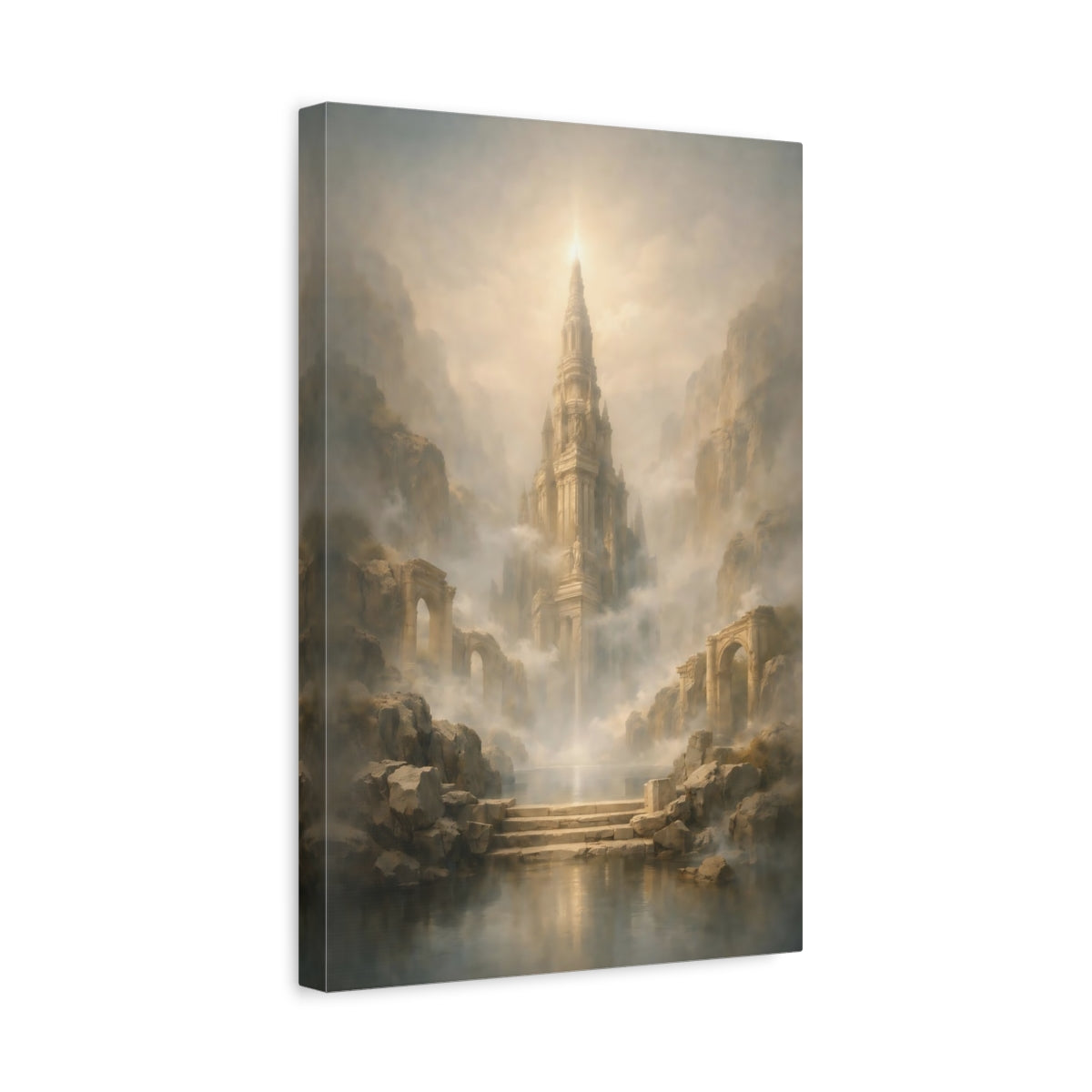 Side Mockup 4. Fairytale Fantasy Spire Misty Castle Gold shown as stretched canvas wall art