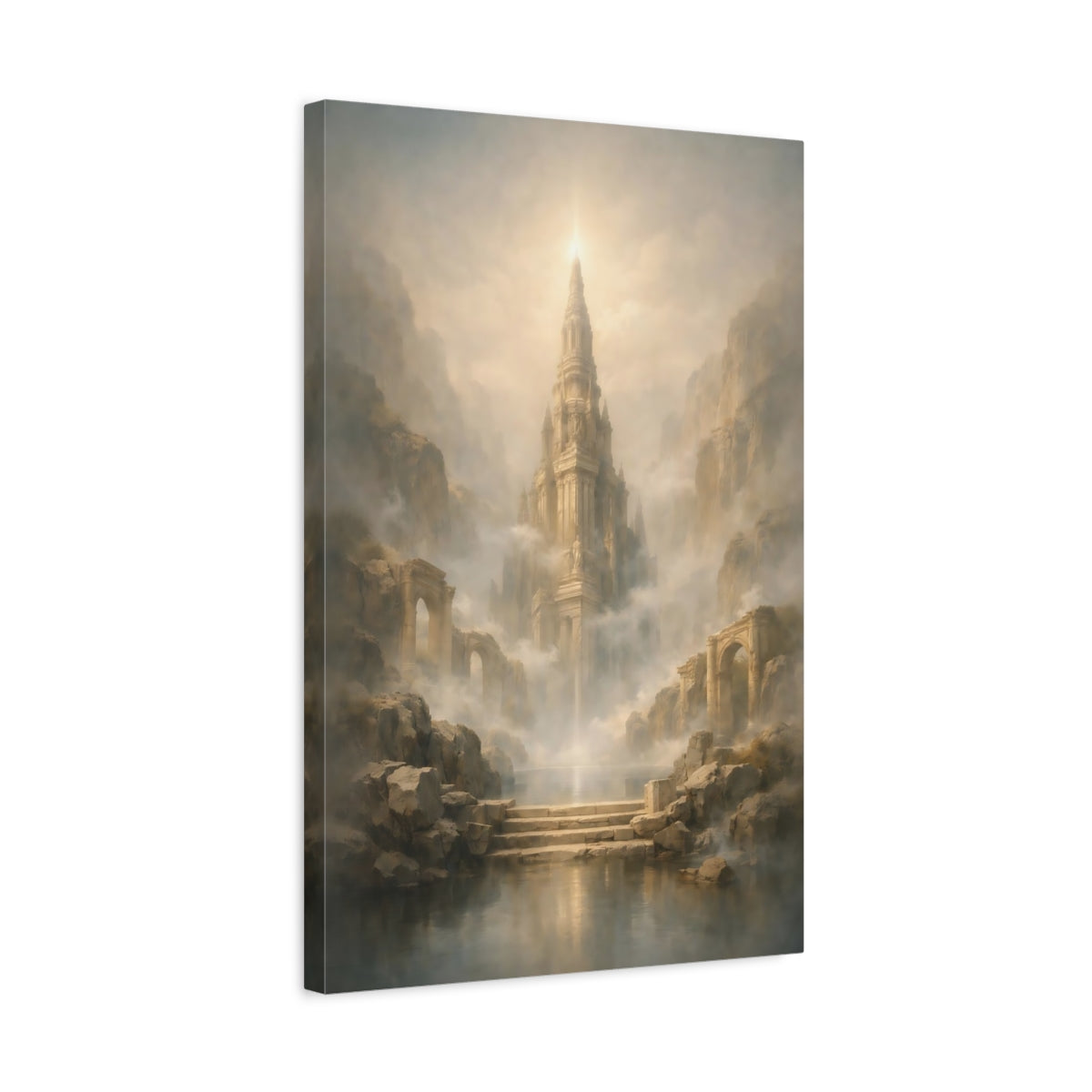 Side Mockup 3. Fairytale Fantasy Spire Misty Castle Gold shown as stretched canvas wall art