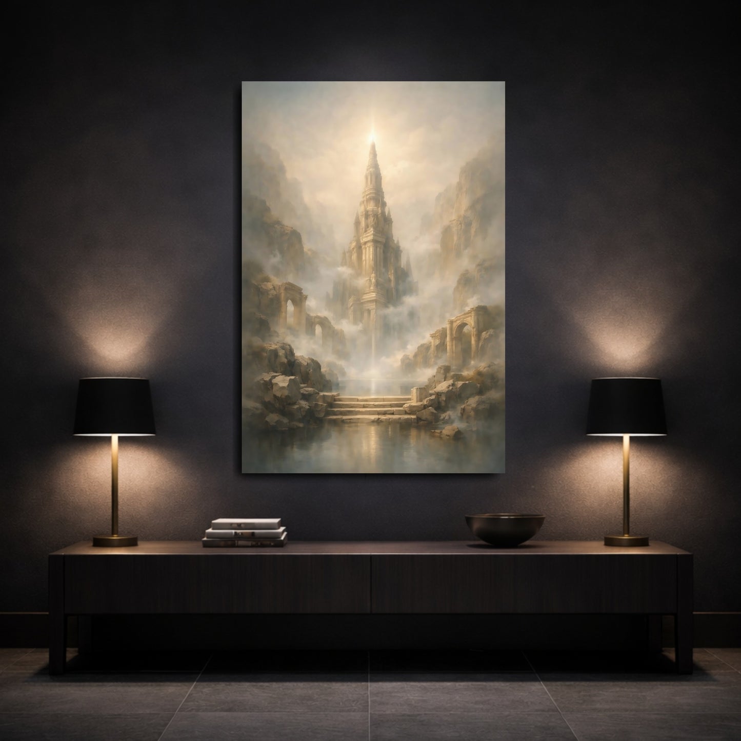 Mockup 2. Fairytale Fantasy Spire Misty Castle Gold shown as stretched canvas wall art