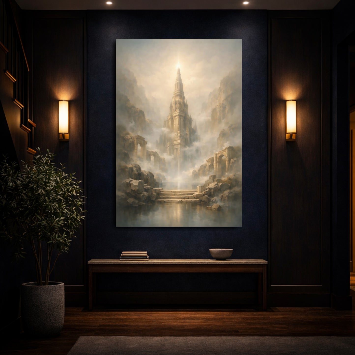 Mockup 3. Fairytale Fantasy Spire Misty Castle Gold shown as stretched canvas wall art
