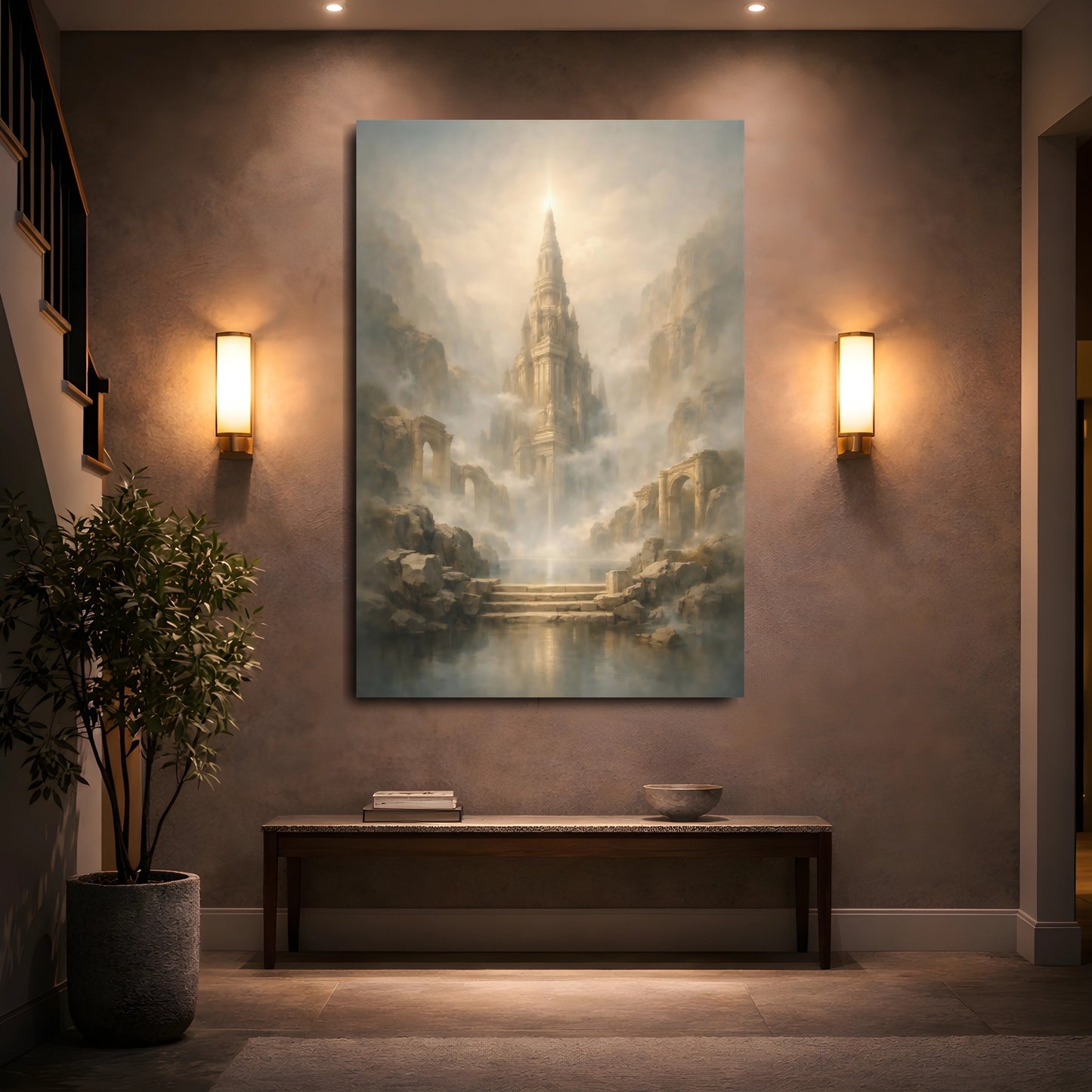 Mockup 4. Fairytale Fantasy Spire Misty Castle Gold shown as stretched canvas wall art