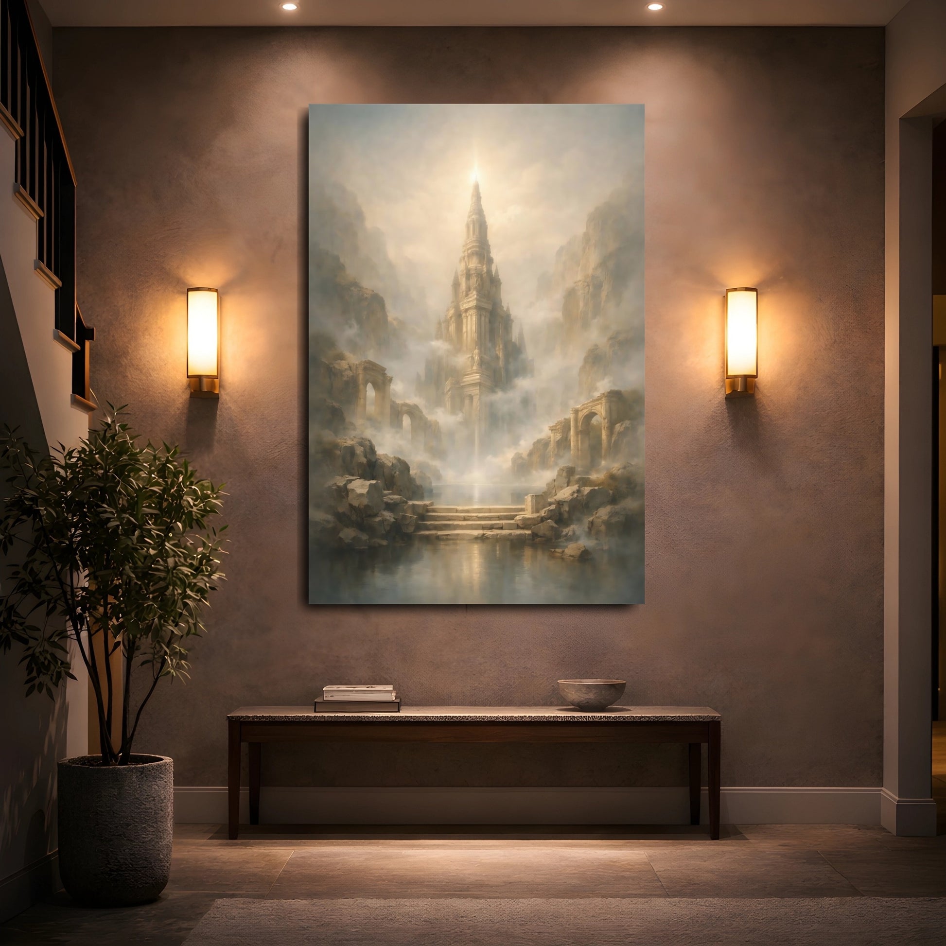 Mockup 4. Fairytale Fantasy Spire Misty Castle Gold shown as stretched canvas wall art