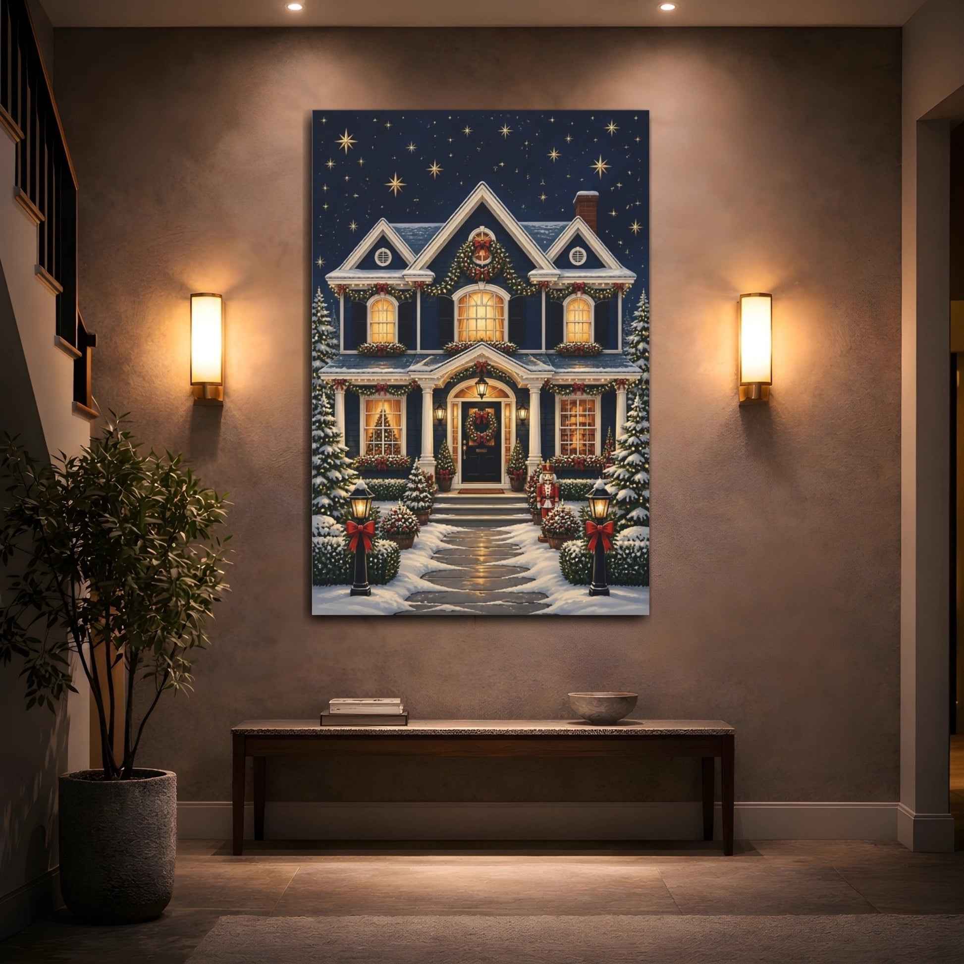 Fairytale Festive House Blue And Red Canvas Print – Living Room, Above Sofa - YesArtYes