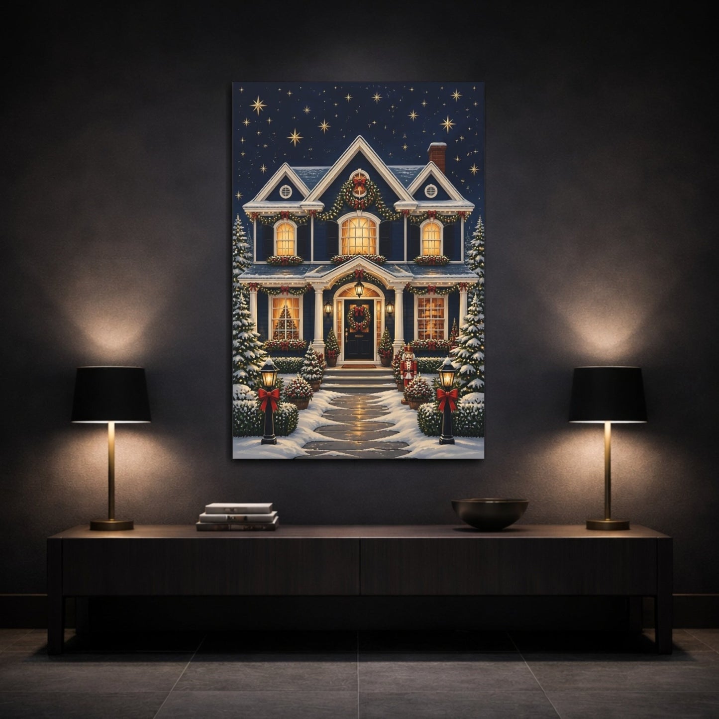 Fairytale Festive House Blue And Red Canvas Print – Living Room, Above Sofa - YesArtYes