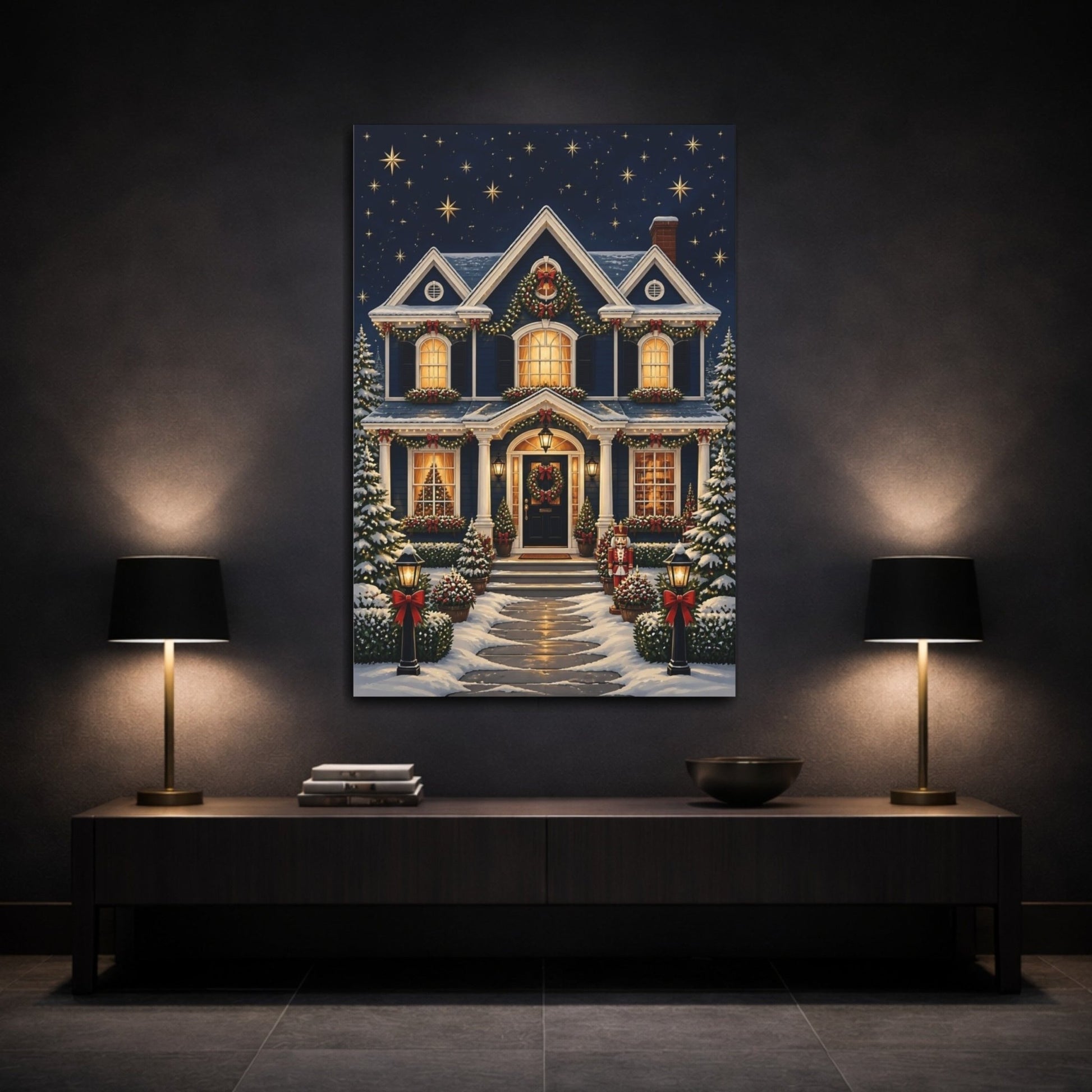 Fairytale Festive House Blue And Red Canvas Print – Living Room, Above Sofa - YesArtYes