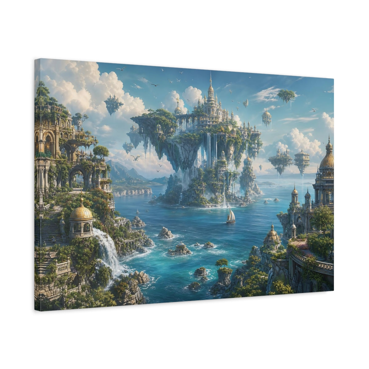 Side Mockup 2. Fairytale Floating City Blue And Green Fantasy shown as stretched canvas wall art