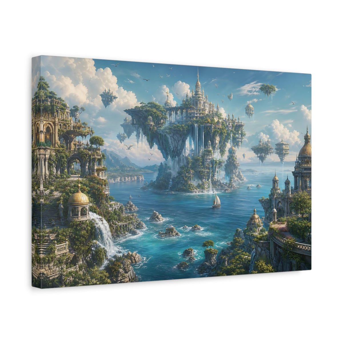 Side Mockup 4. Fairytale Floating City Blue And Green Fantasy shown as stretched canvas wall art