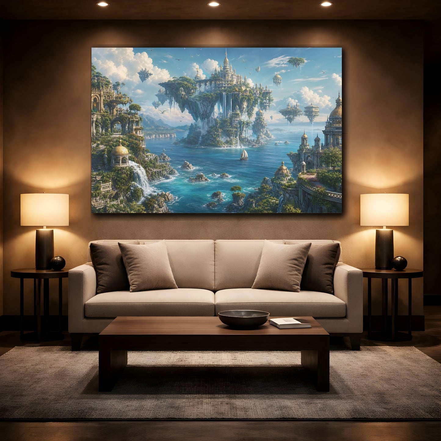 Mockup 2. Fairytale Floating City Blue And Green Fantasy shown as stretched canvas wall art