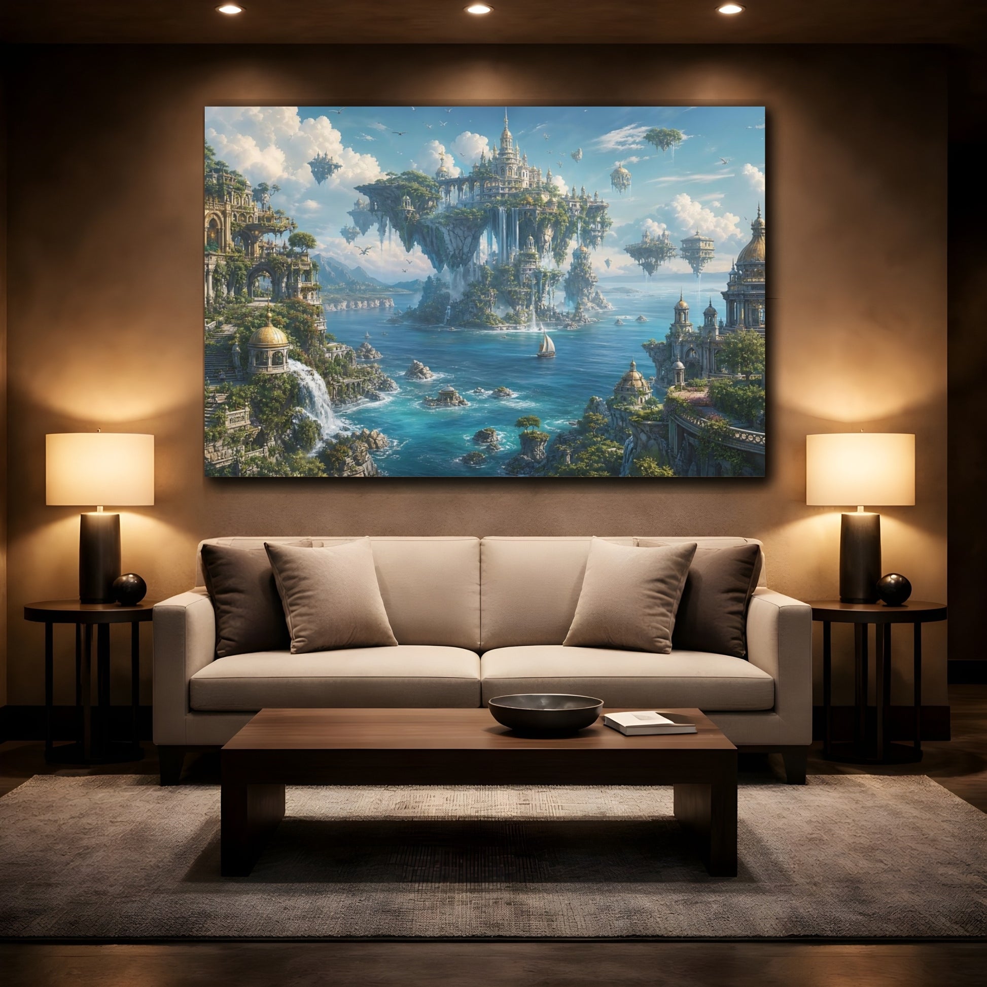 Mockup 2. Fairytale Floating City Blue And Green Fantasy shown as stretched canvas wall art