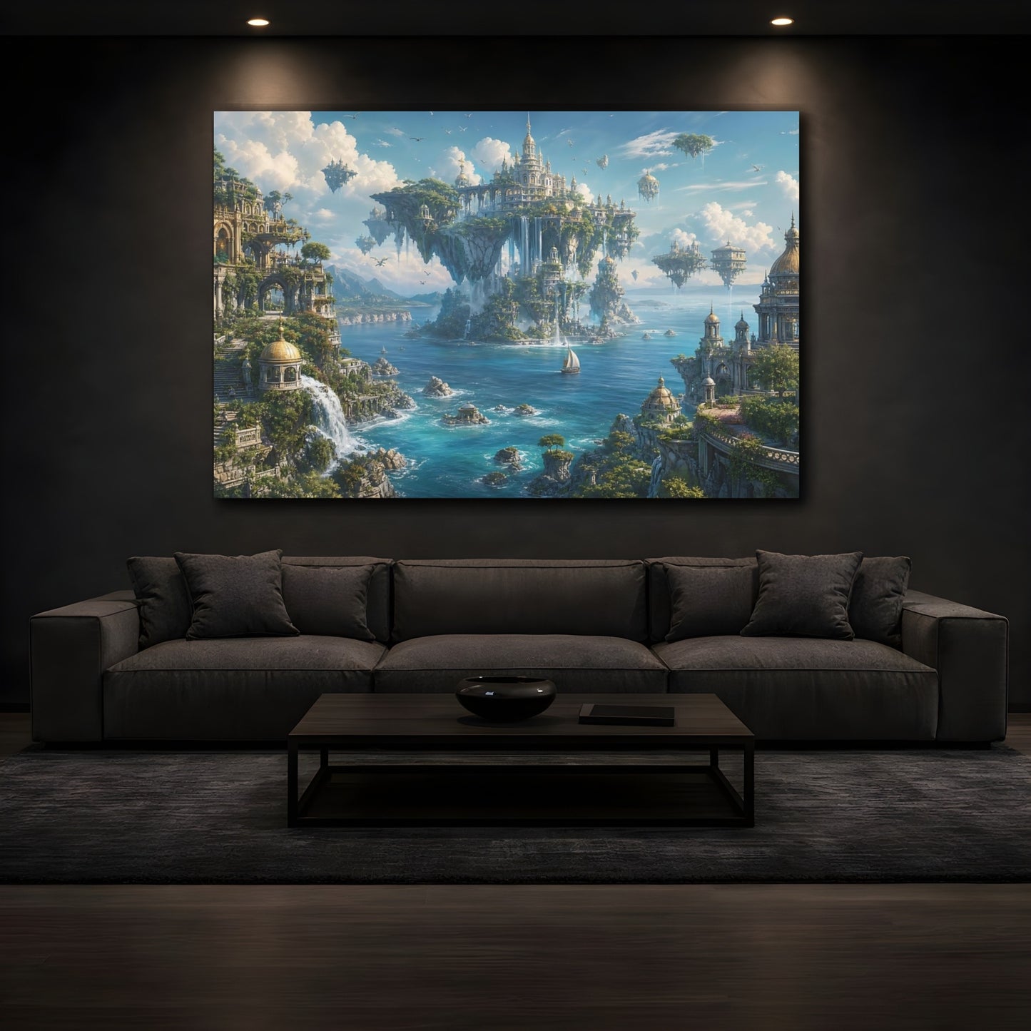 Mockup 3. Fairytale Floating City Blue And Green Fantasy shown as stretched canvas wall art