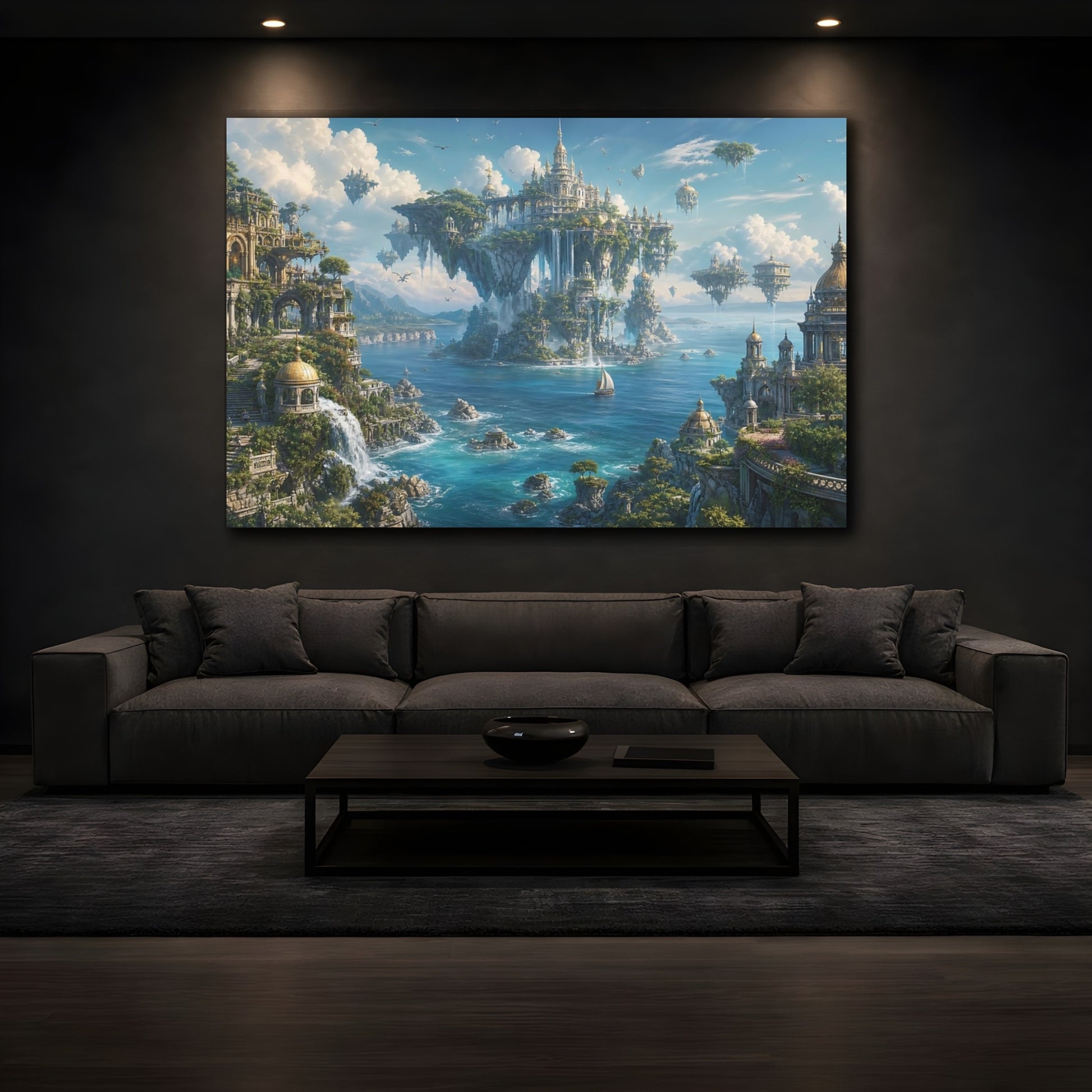 Mockup 3. Fairytale Floating City Blue And Green Fantasy shown as stretched canvas wall art