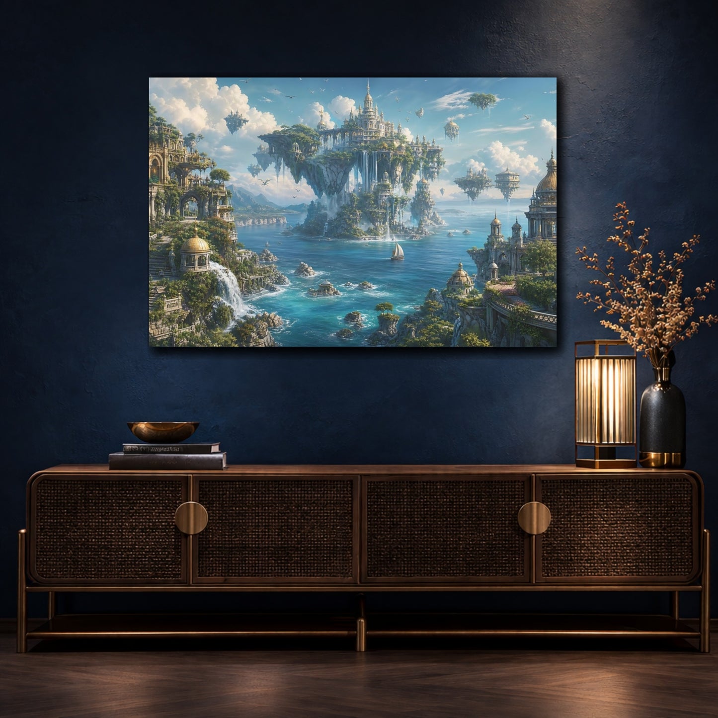 Mockup 4. Fairytale Floating City Blue And Green Fantasy shown as stretched canvas wall art