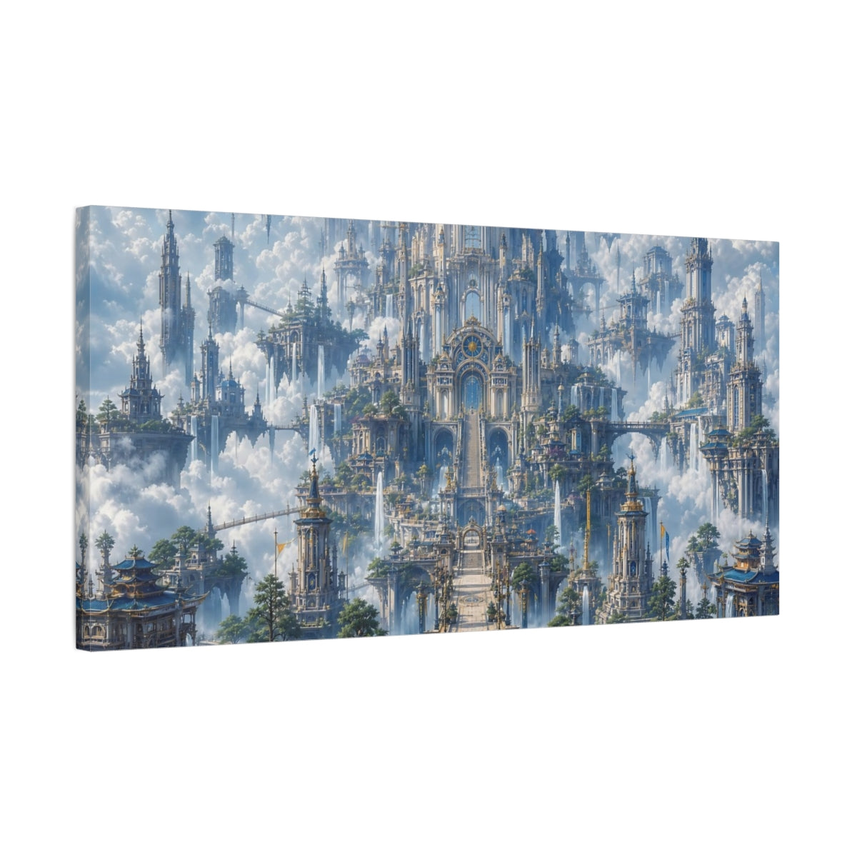 Side Mockup 1. Fairytale Floating City Blue Gold Sky City shown as stretched canvas wall art