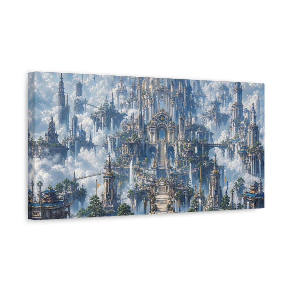 Side Mockup 3. Fairytale Floating City Blue Gold Sky City shown as stretched canvas wall art