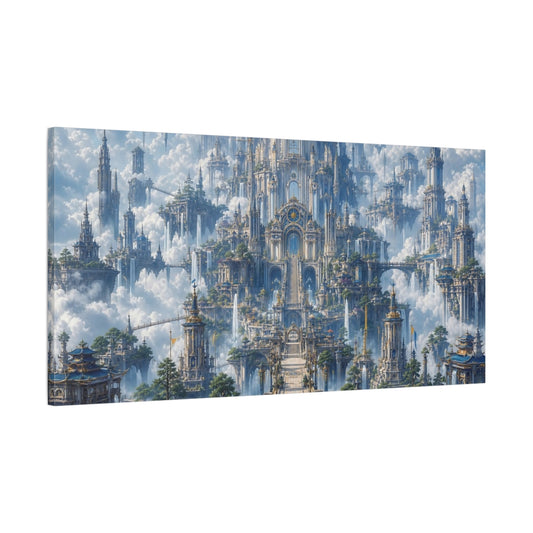 Main Mockup. Fairytale Floating City Blue Gold Sky City shown as stretched canvas wall art
