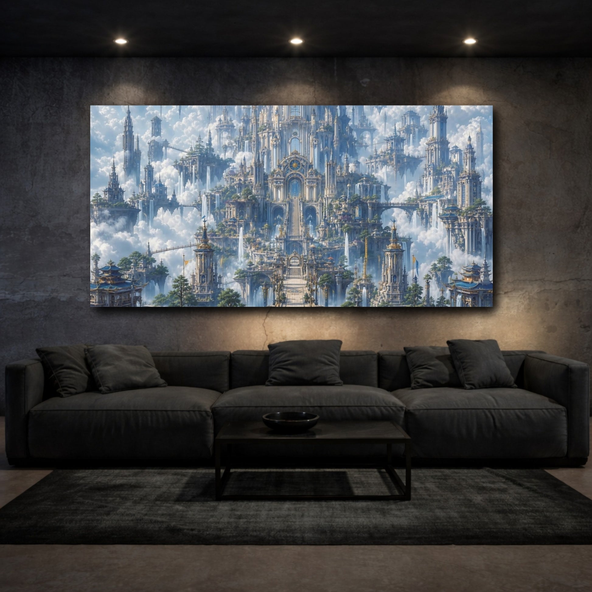 Mockup 2. Fairytale Floating City Blue Gold Sky City shown as stretched canvas wall art