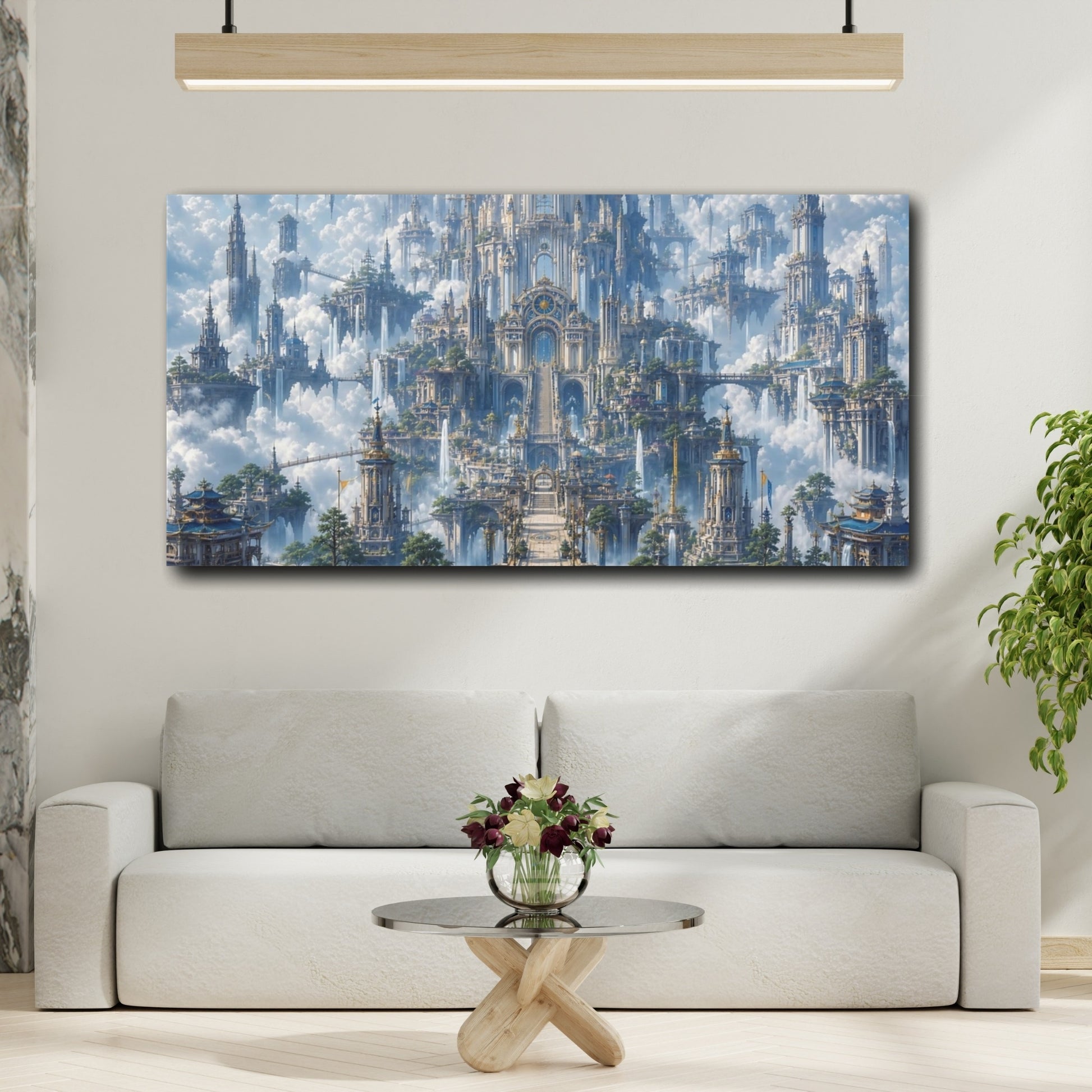 Mockup 3. Fairytale Floating City Blue Gold Sky City shown as stretched canvas wall art