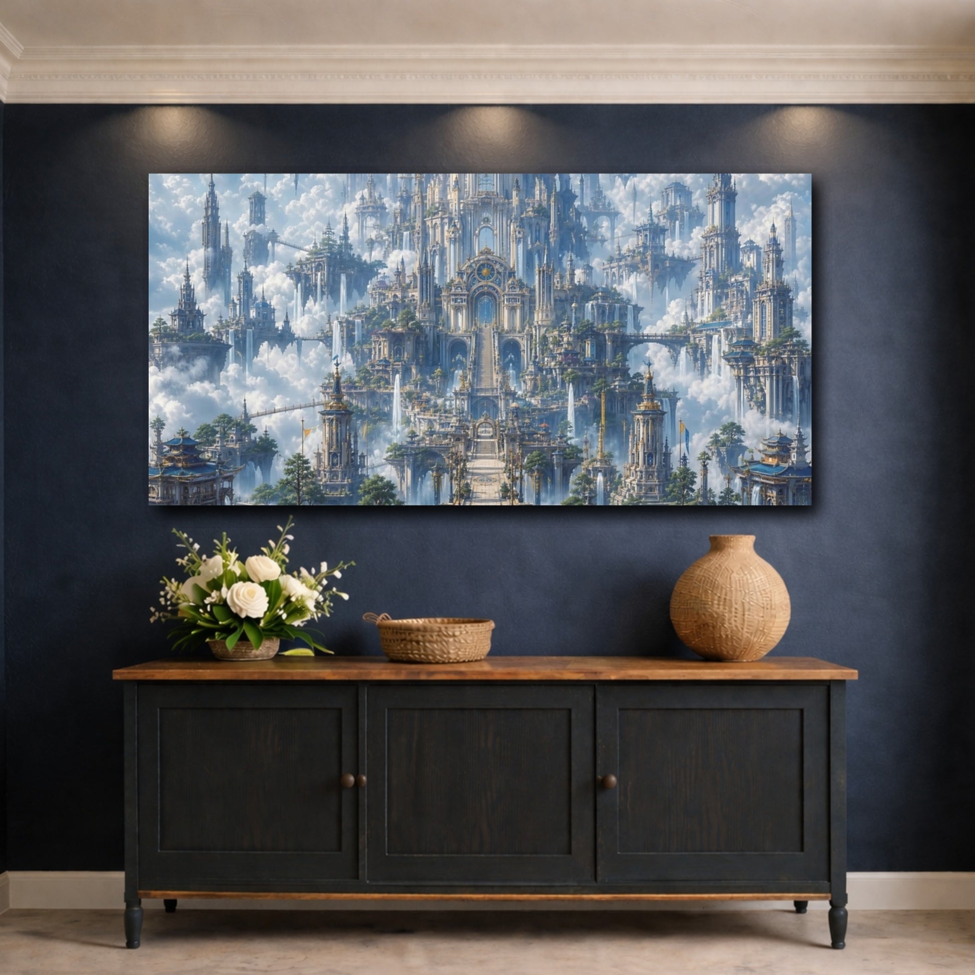 Mockup 4. Fairytale Floating City Blue Gold Sky City shown as stretched canvas wall art