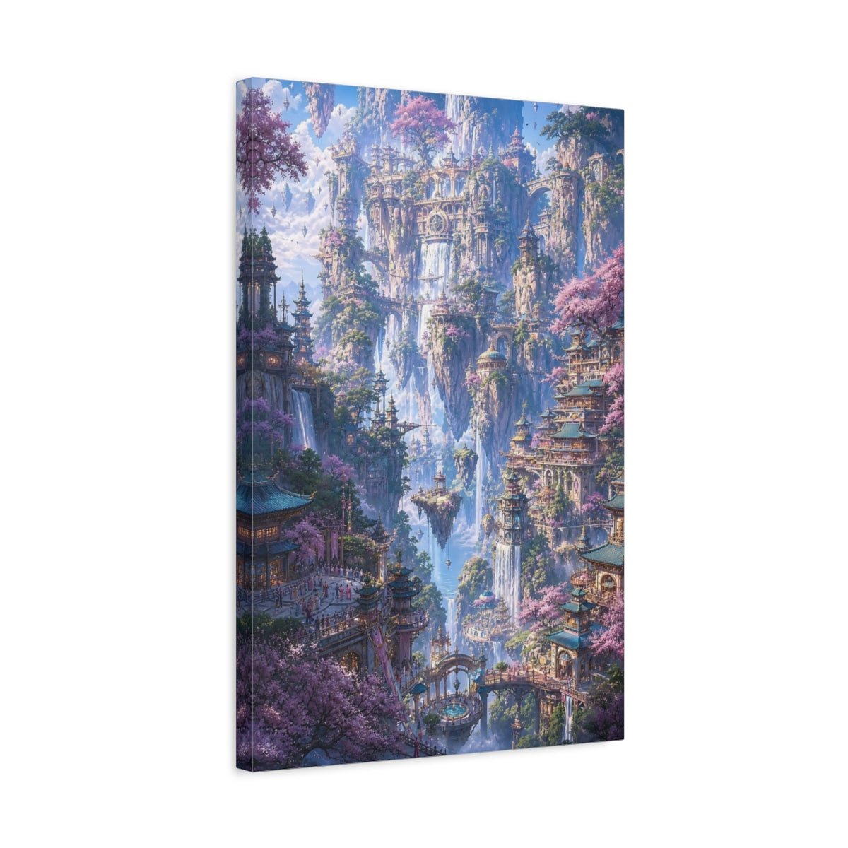 Fairytale Floating City Pink Cherry Blossoms Canvas Wall Art Print – Fantasy Living Room, Above Fireplace - YesArtYes