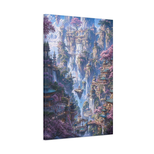 Fairytale Floating City Pink Cherry Blossoms Canvas Wall Art Print – Fantasy Living Room, Above Fireplace - YesArtYes