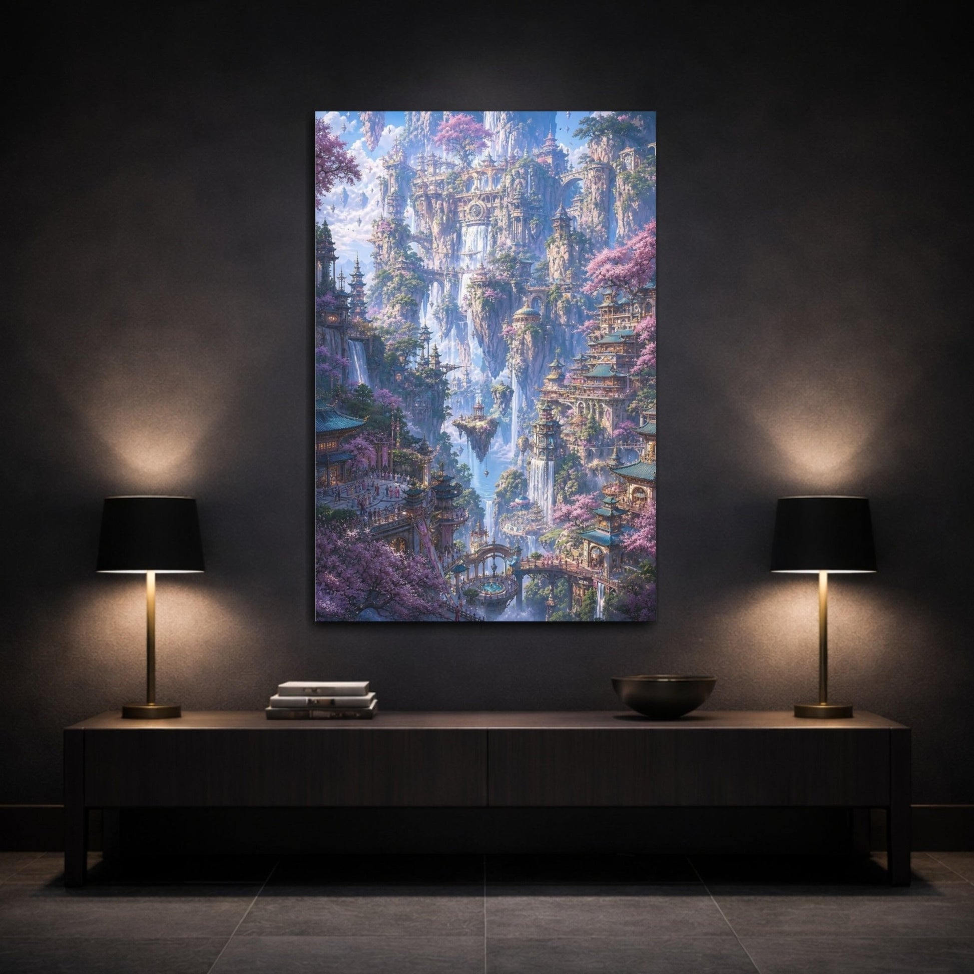 Fairytale Floating City Pink Cherry Blossoms Canvas Wall Art Print – Fantasy Living Room, Above Fireplace - YesArtYes