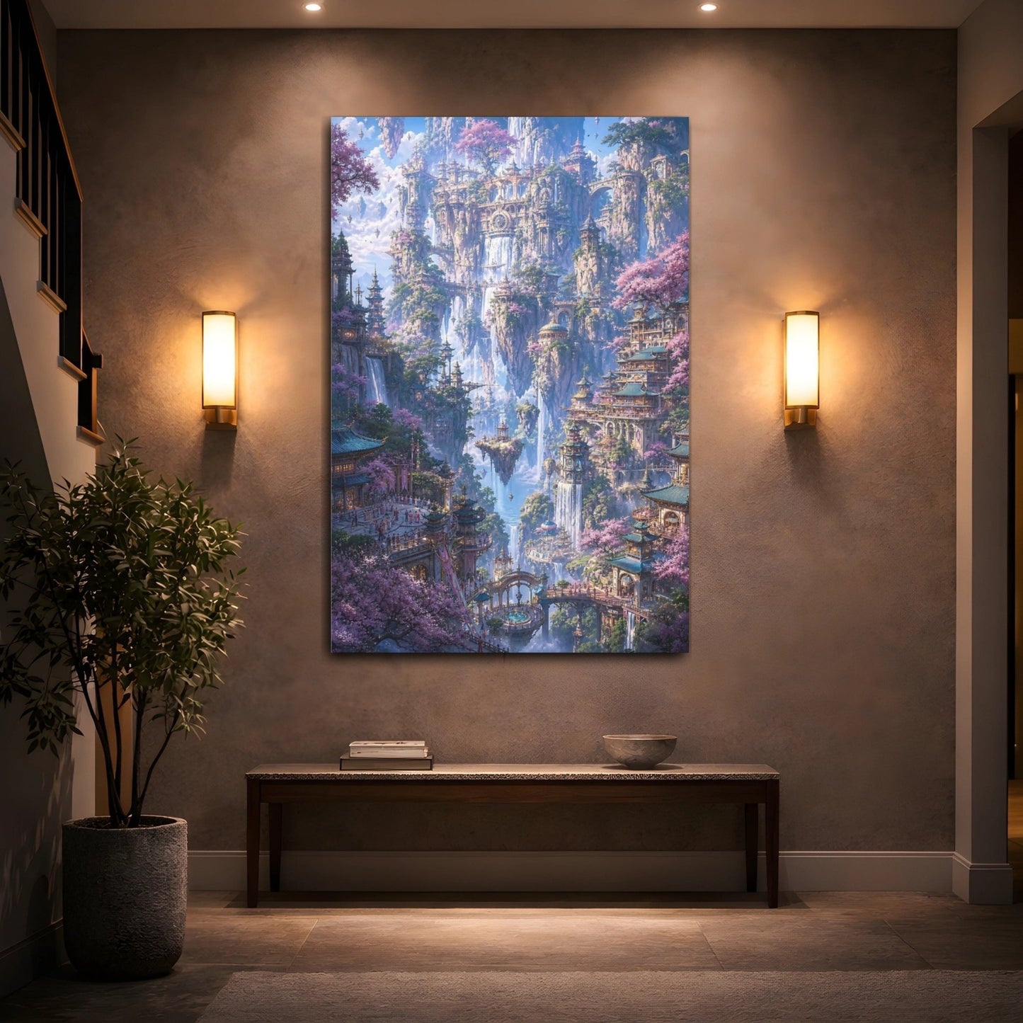 Fairytale Floating City Pink Cherry Blossoms Canvas Wall Art Print – Fantasy Living Room, Above Fireplace - YesArtYes