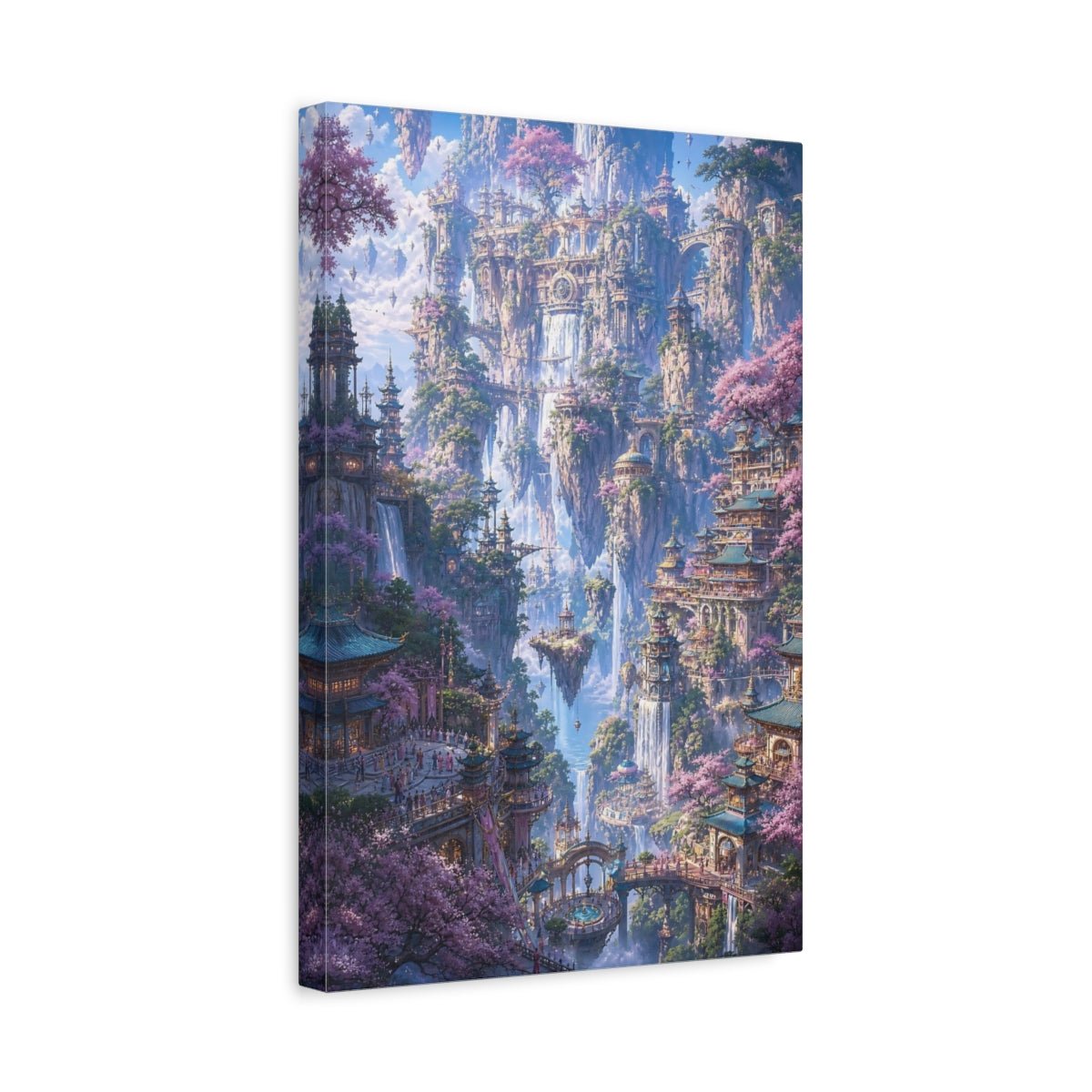 Fairytale Floating City Pink Cherry Blossoms Canvas Wall Art Print – Fantasy Living Room, Above Fireplace - YesArtYes