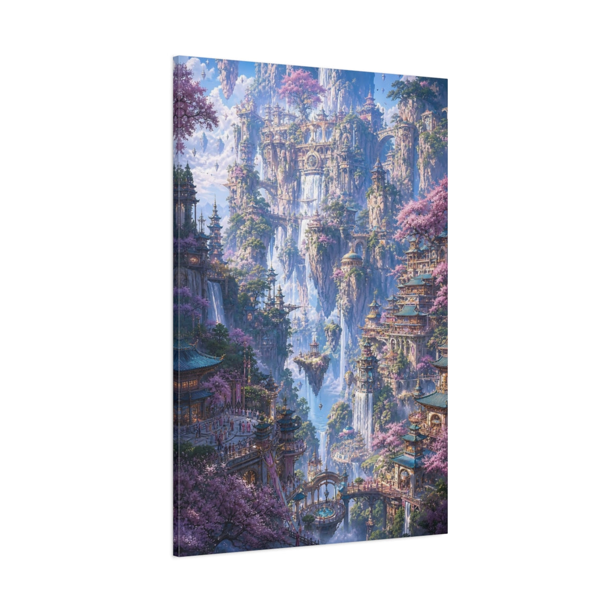 Side Mockup 1. Fairytale Floating City Pink Cherry Blossoms shown as stretched canvas wall art