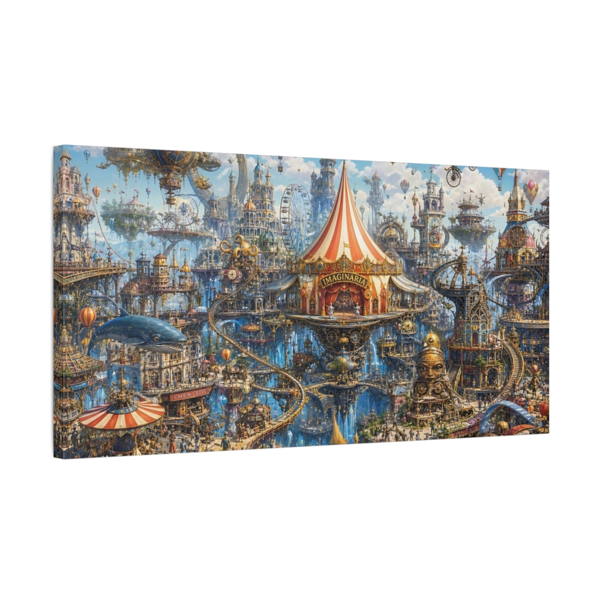Side Mockup 1. Fairytale Floating City Steampunk Cityscape shown as stretched canvas wall art
