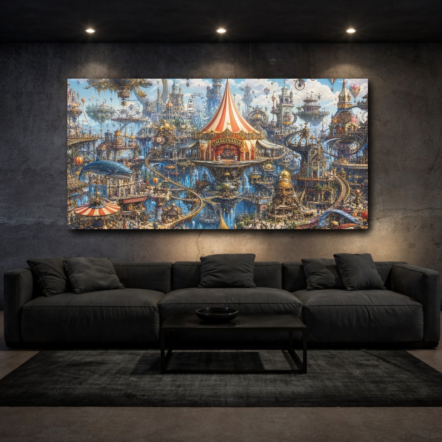 Mockup 2. Fairytale Floating City Steampunk Cityscape shown as stretched canvas wall art