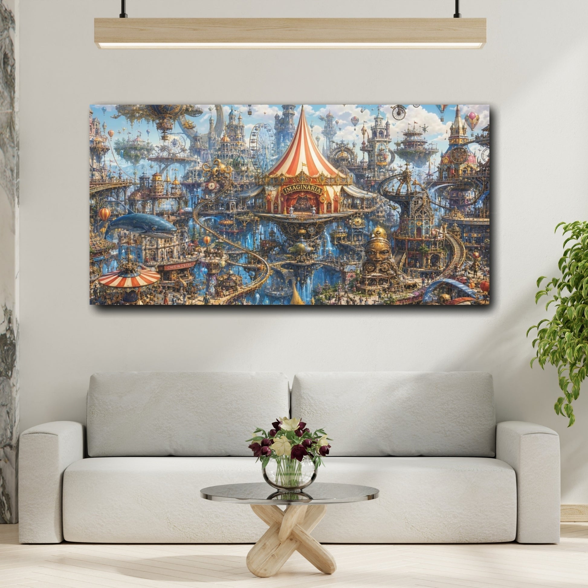 Mockup 3. Fairytale Floating City Steampunk Cityscape shown as stretched canvas wall art