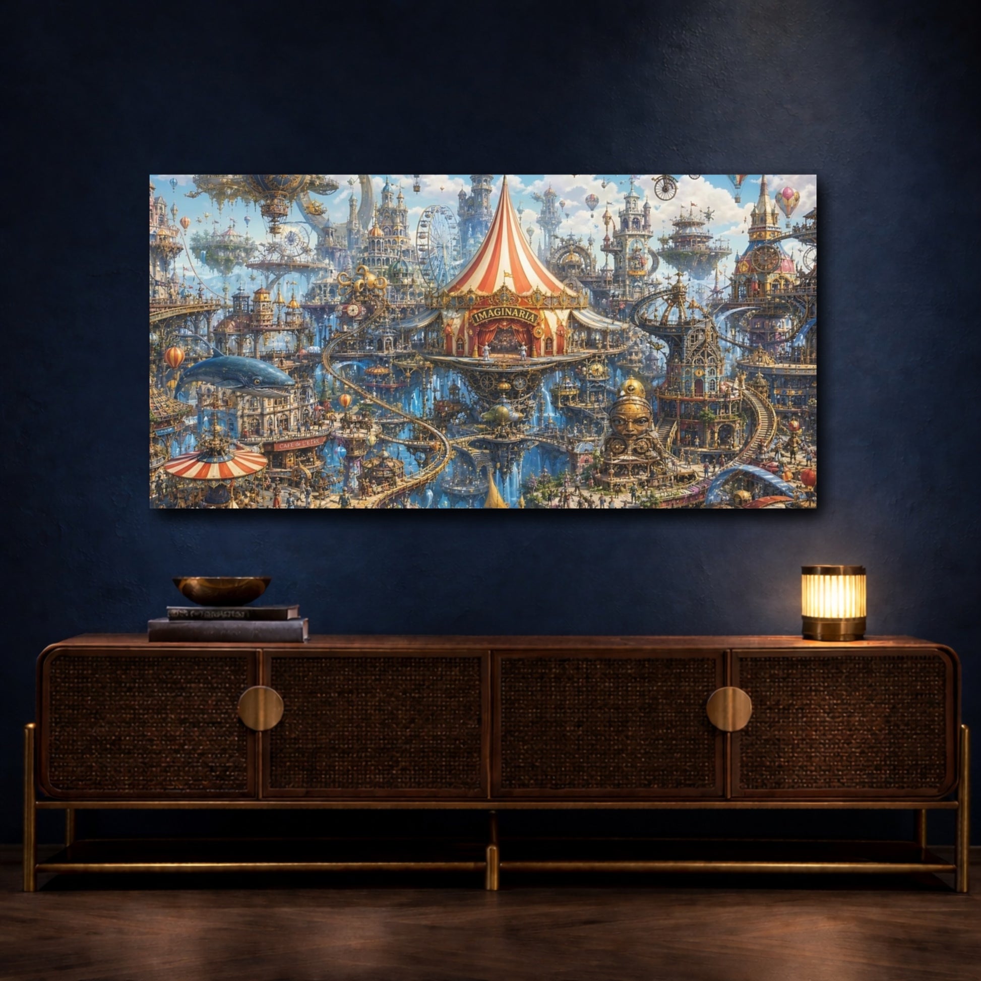 Mockup 4. Fairytale Floating City Steampunk Cityscape shown as stretched canvas wall art