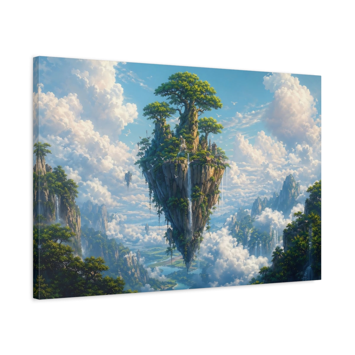 Side Mockup 2. Fairytale Floating Island Blue And Green Fantasy shown as stretched canvas wall art