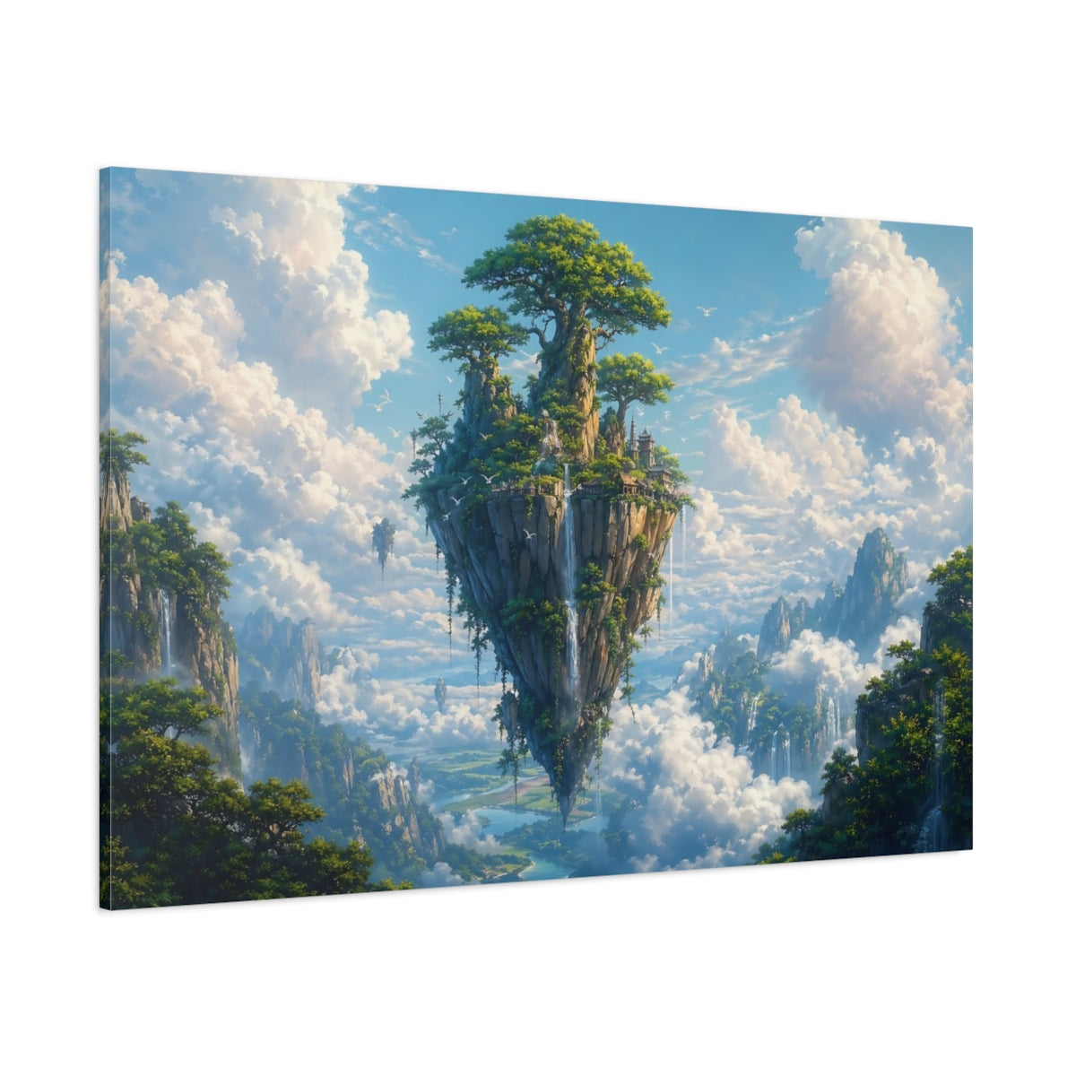 Side Mockup 1. Fairytale Floating Island Blue And Green Fantasy shown as stretched canvas wall art