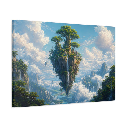 Main Mockup. Fairytale Floating Island Blue And Green Fantasy shown as stretched canvas wall art