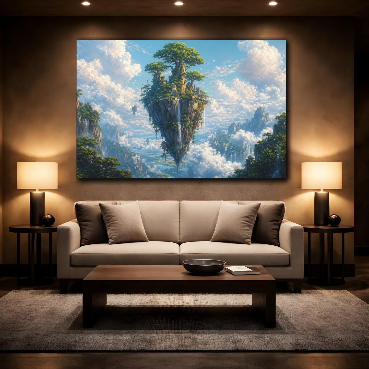 Mockup 2. Fairytale Floating Island Blue And Green Fantasy shown as stretched canvas wall art