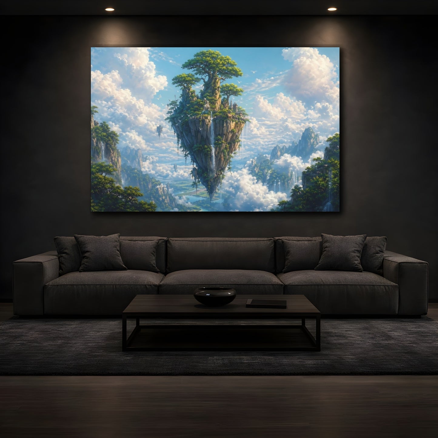 Mockup 3. Fairytale Floating Island Blue And Green Fantasy shown as stretched canvas wall art