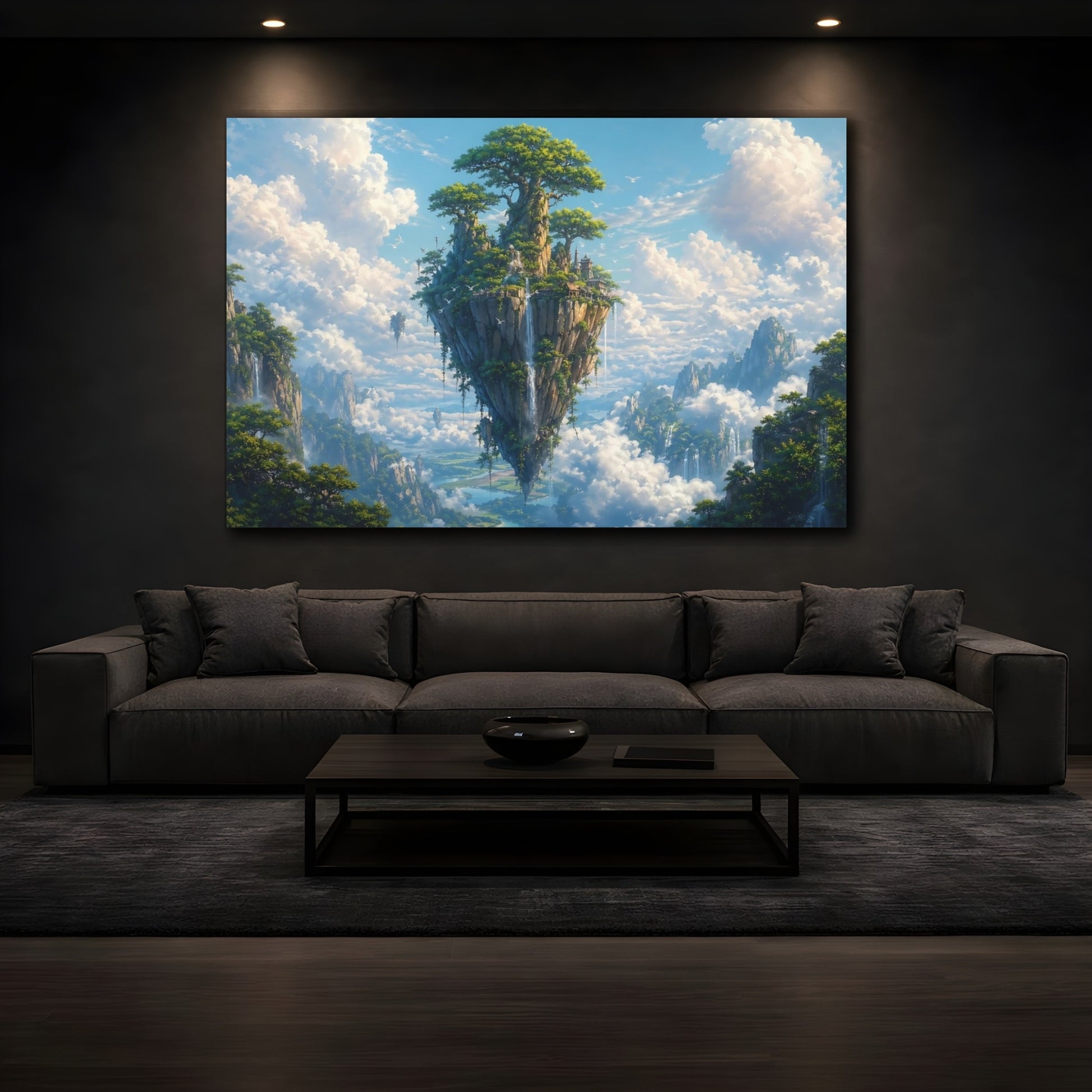 Mockup 3. Fairytale Floating Island Blue And Green Fantasy shown as stretched canvas wall art