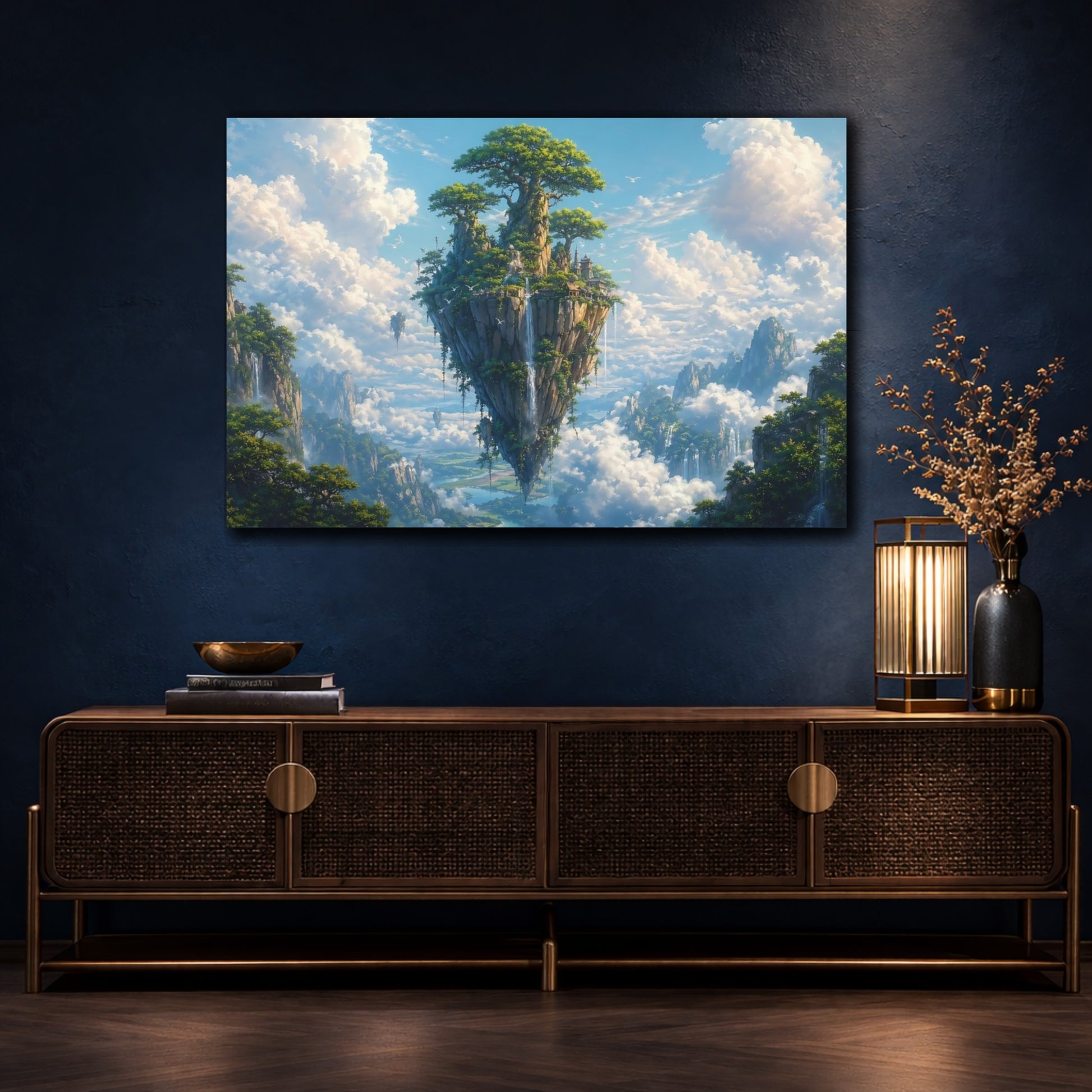 Mockup 4. Fairytale Floating Island Blue And Green Fantasy shown as stretched canvas wall art
