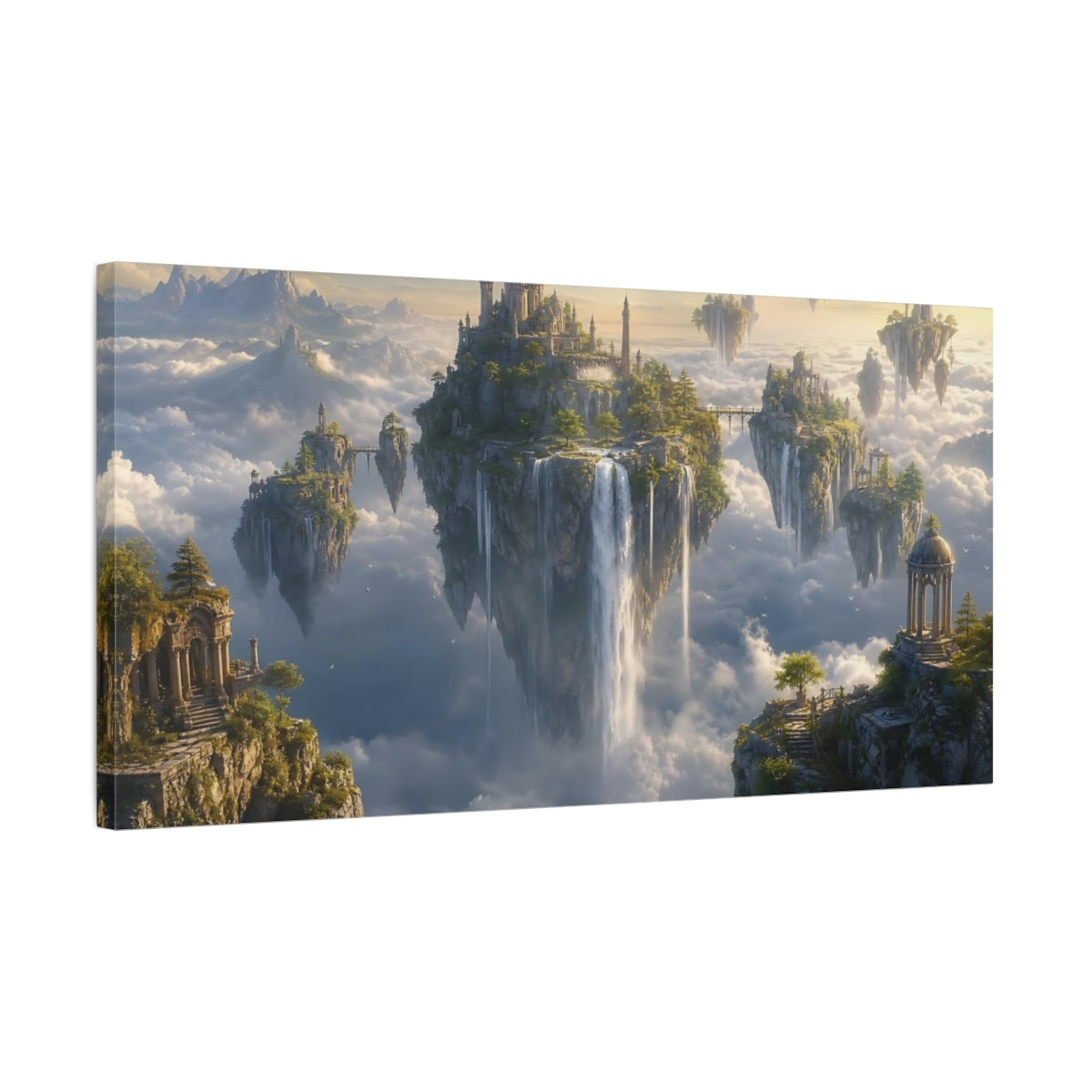 Side Mockup 1. Fairytale Floating Islands Cloudy Sky Islands shown as stretched canvas wall art