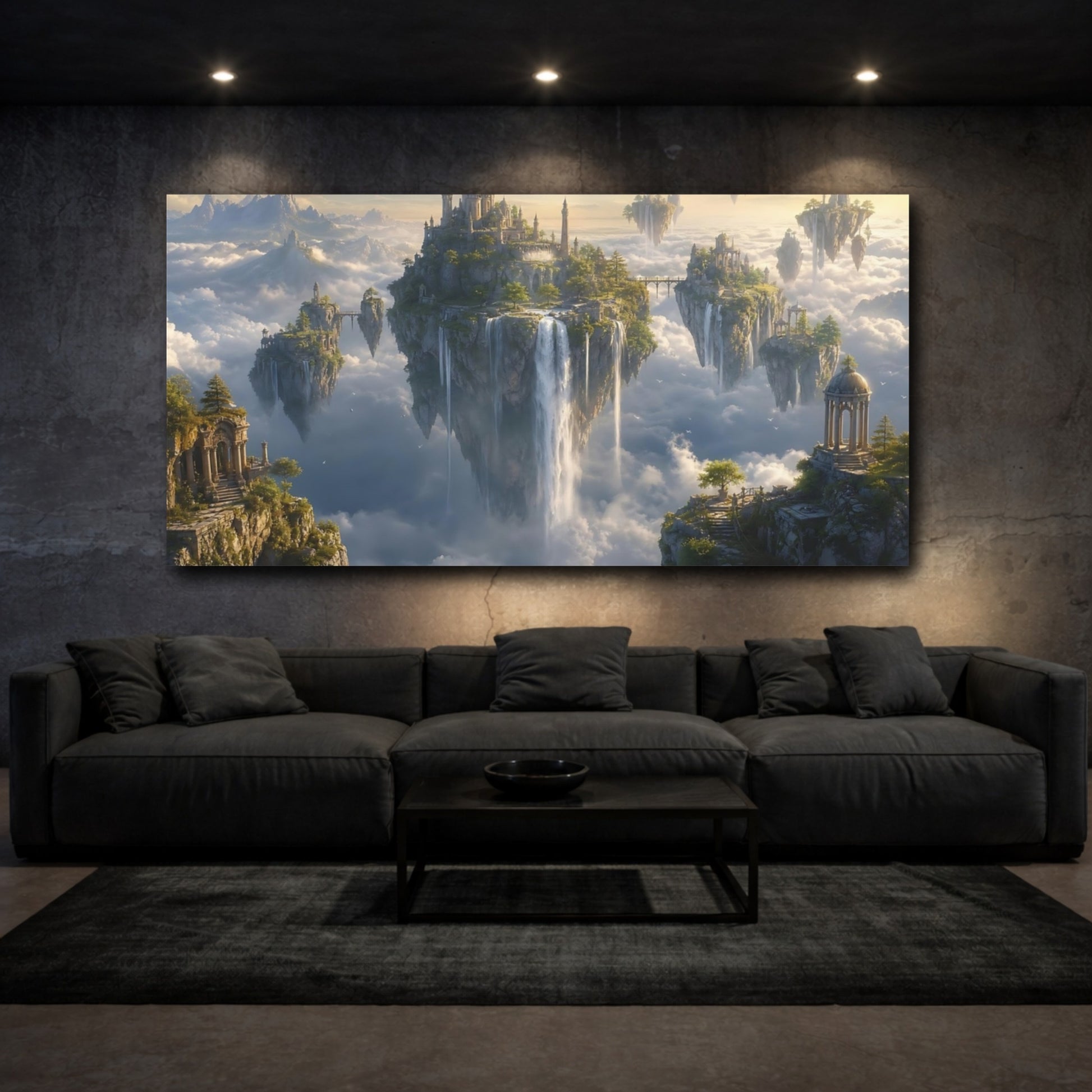 Mockup 2. Fairytale Floating Islands Cloudy Sky Islands shown as stretched canvas wall art
