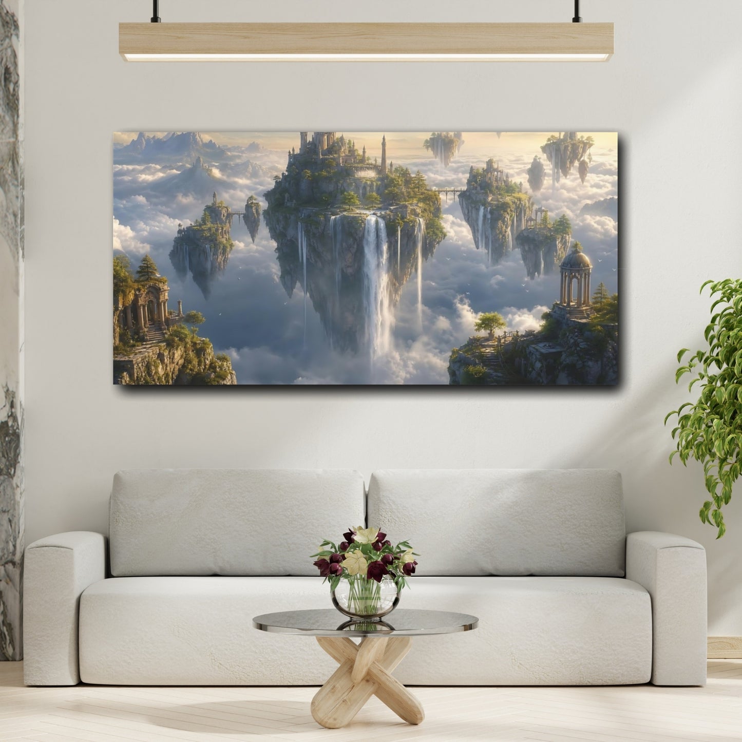 Mockup 3. Fairytale Floating Islands Cloudy Sky Islands shown as stretched canvas wall art