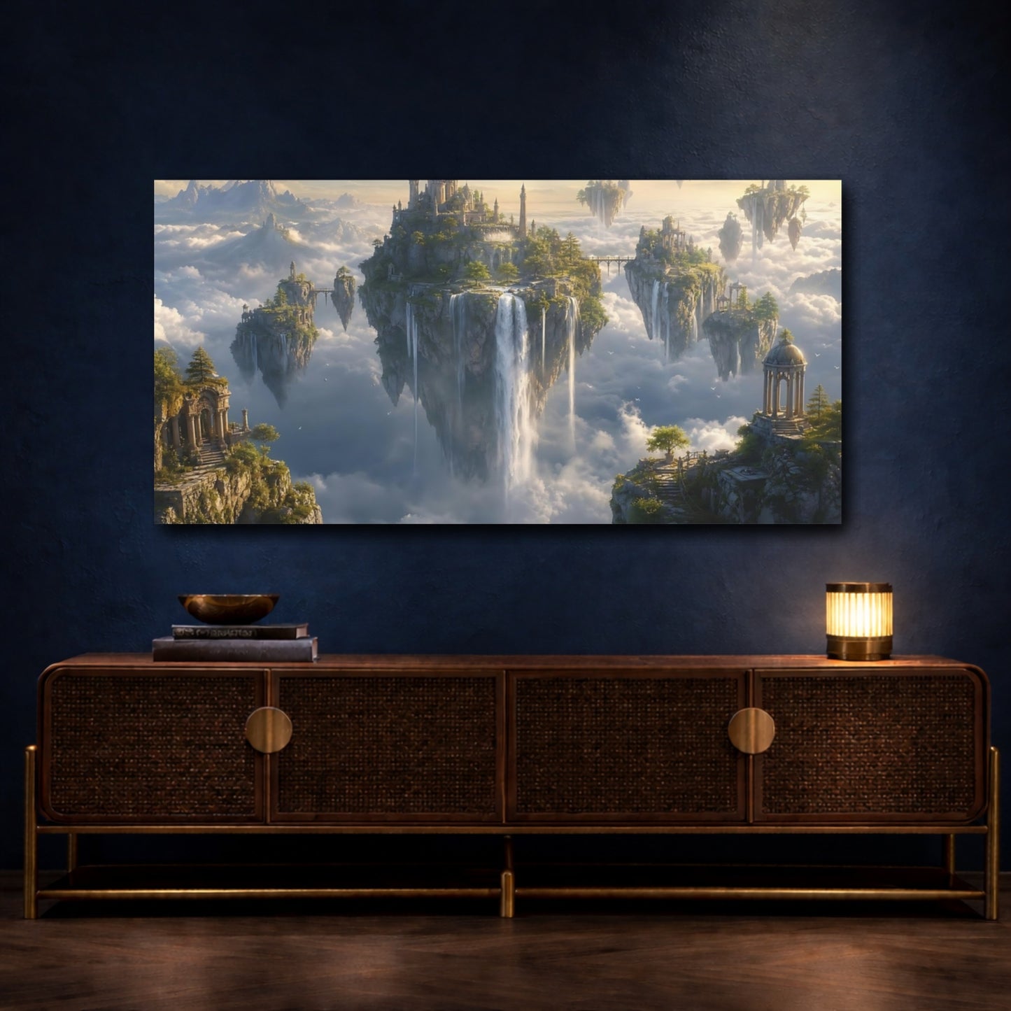 Mockup 4. Fairytale Floating Islands Cloudy Sky Islands shown as stretched canvas wall art