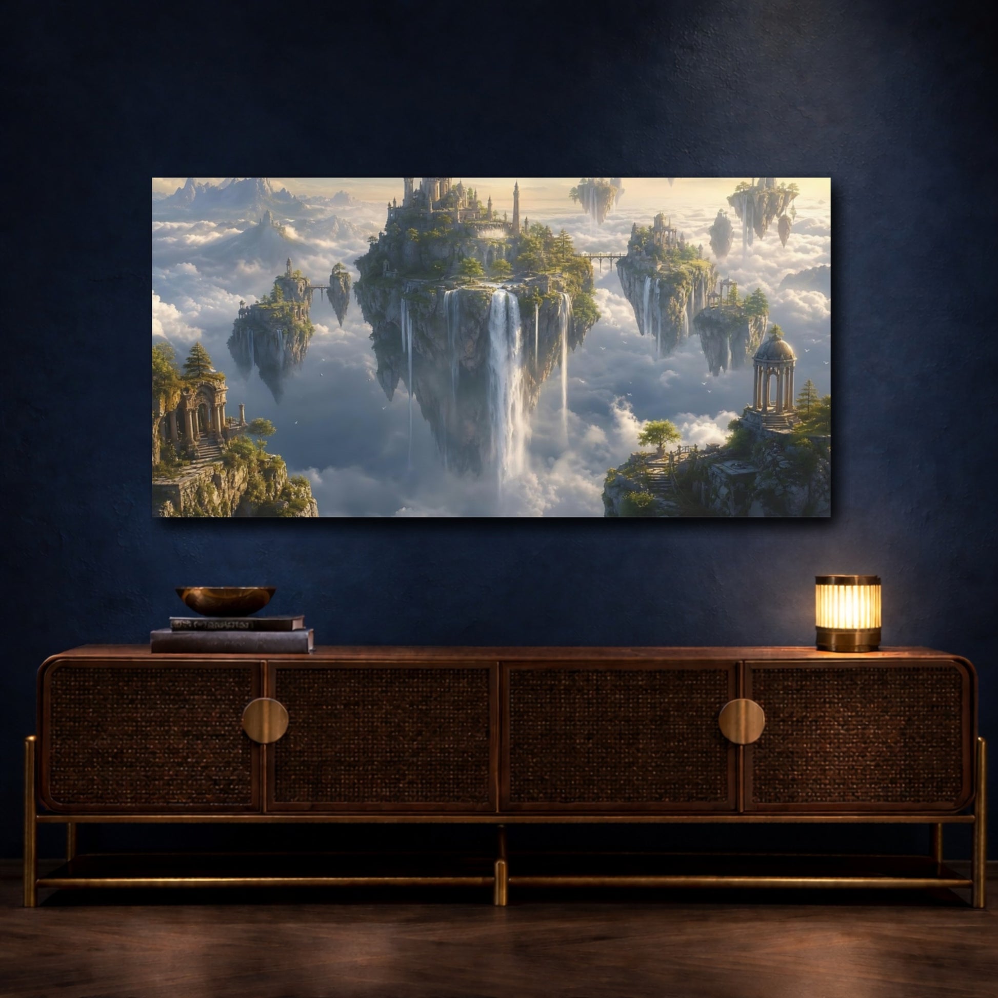 Mockup 4. Fairytale Floating Islands Cloudy Sky Islands shown as stretched canvas wall art
